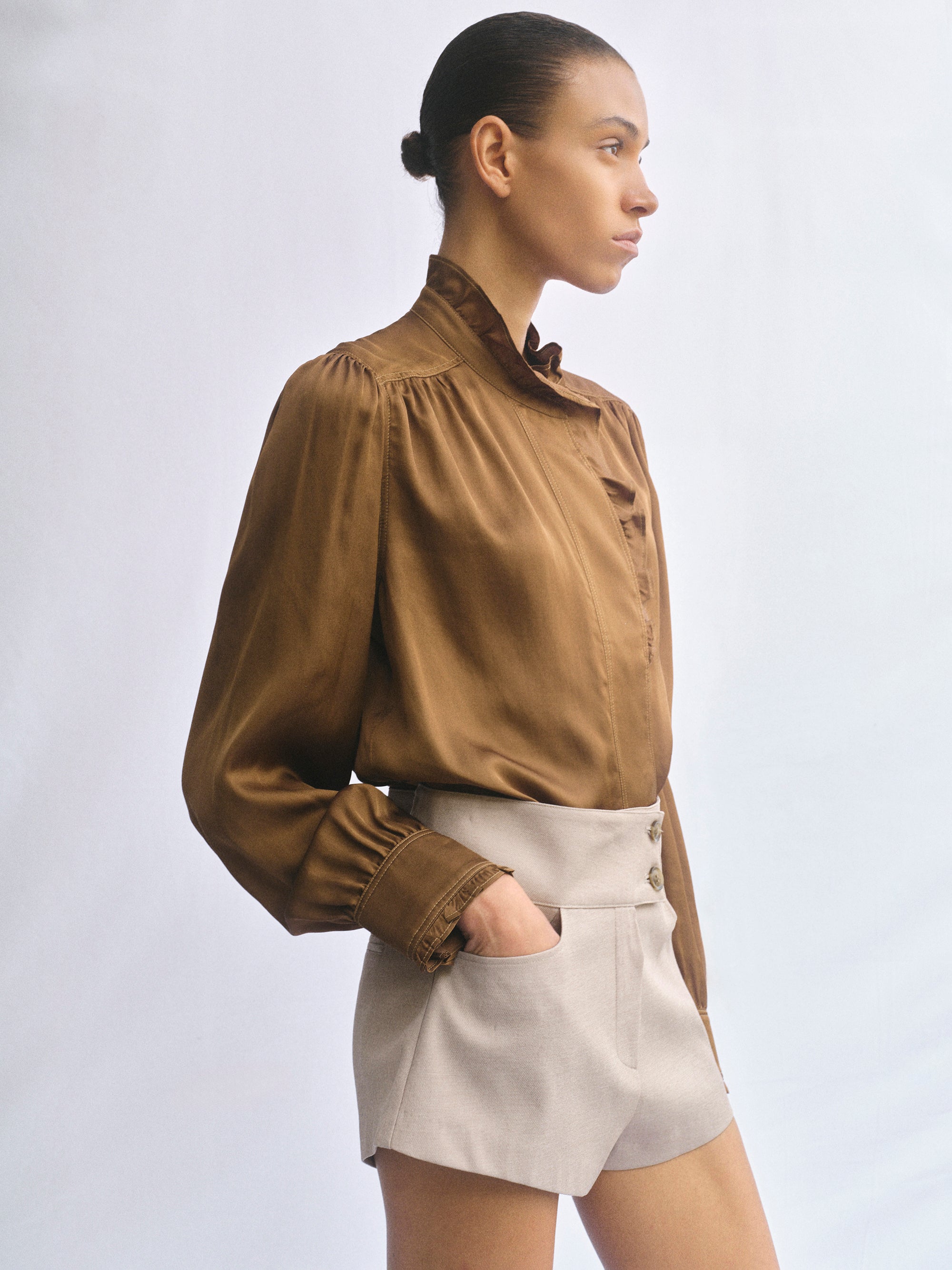 Frilled Neck Blouse, Brown