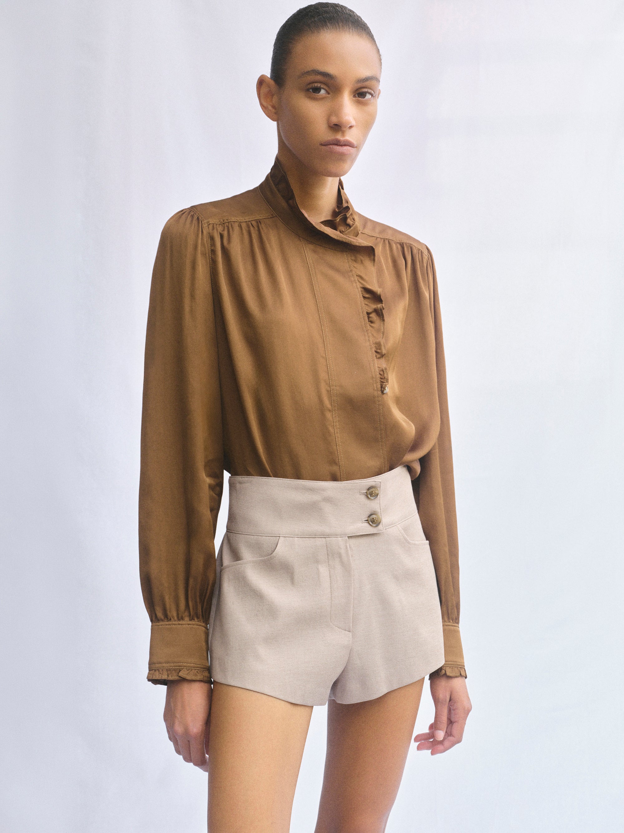 Frilled Neck Blouse, Brown