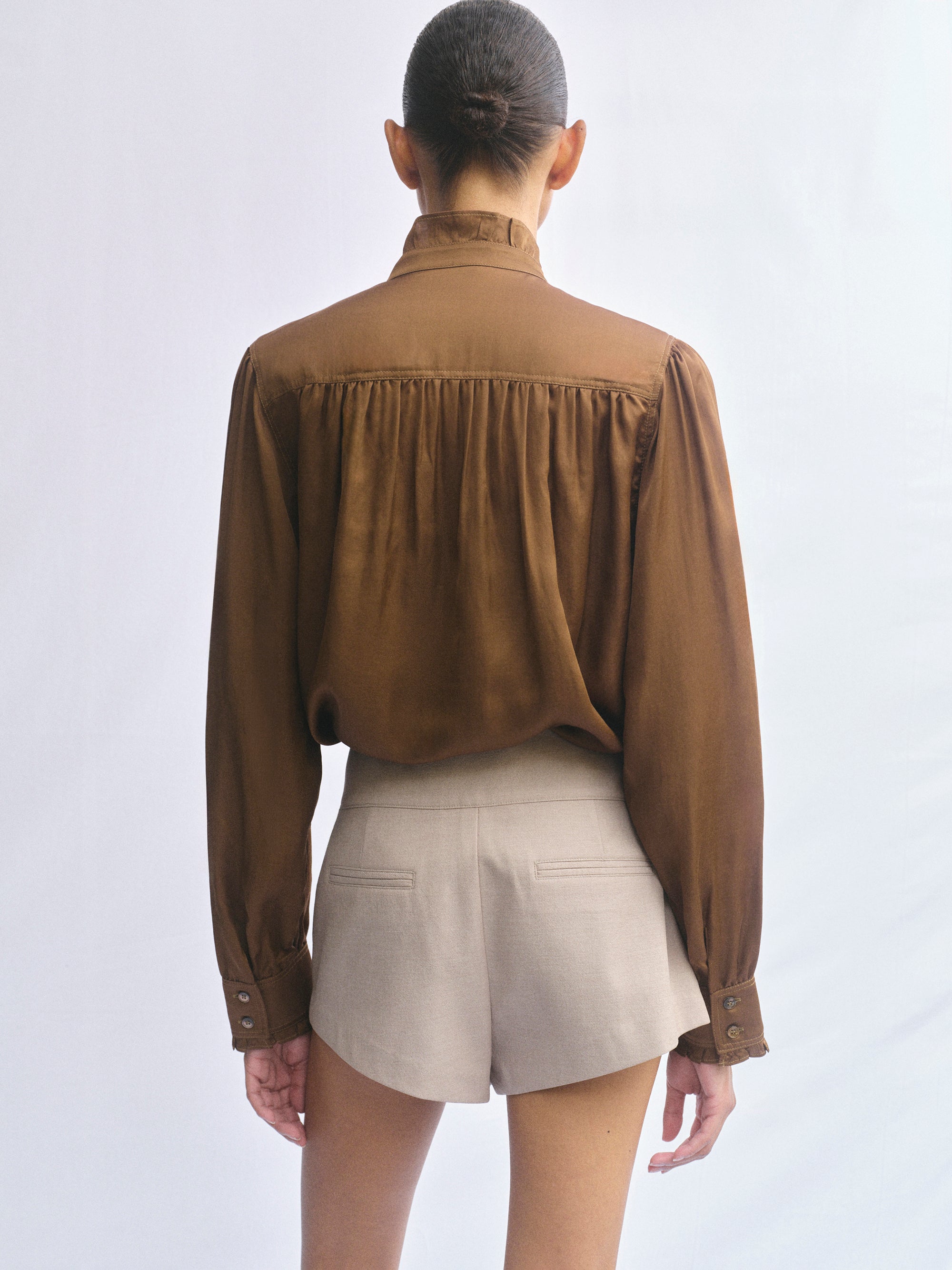 Frilled Neck Blouse, Brown