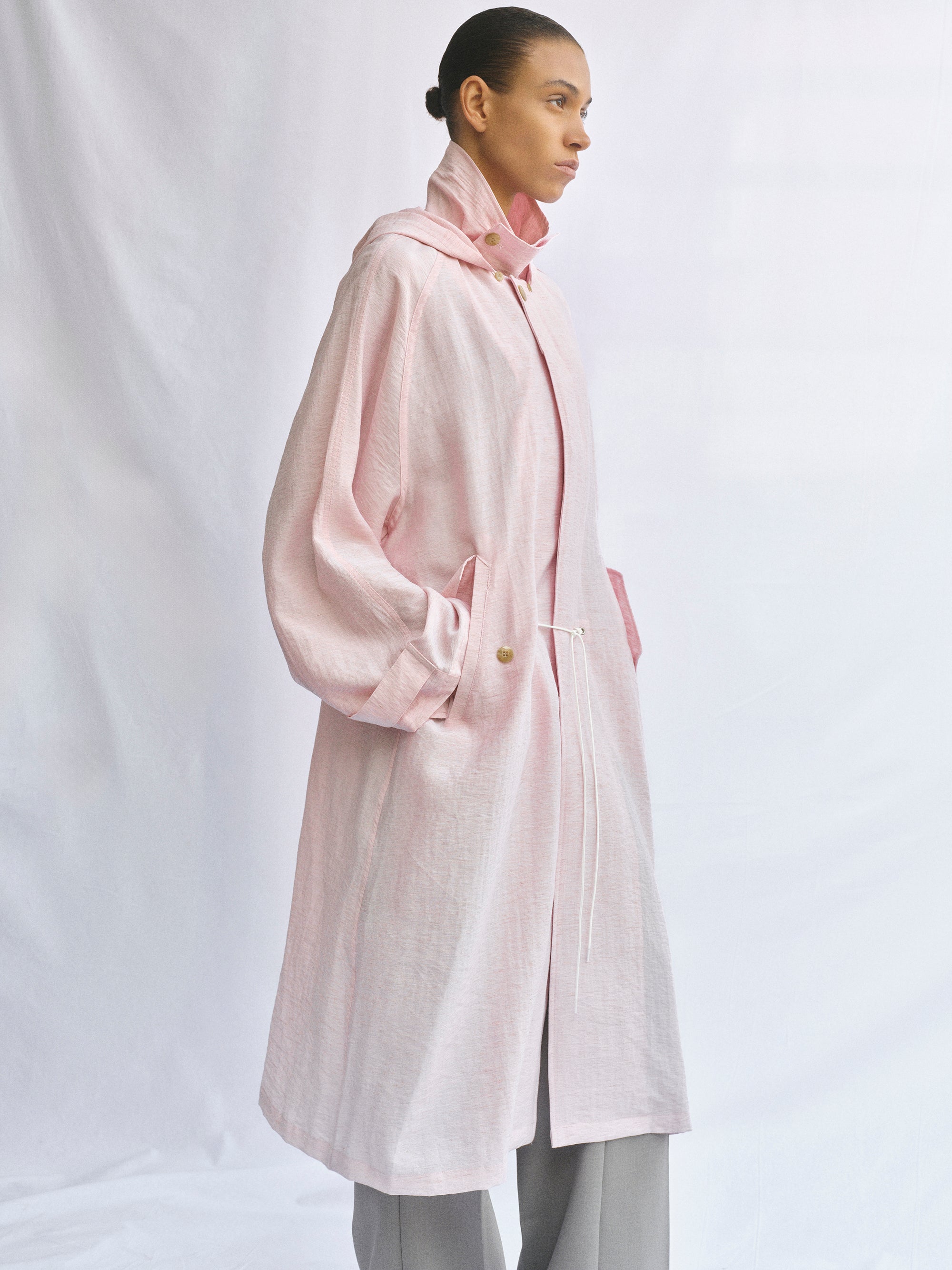Linen-Blend Hooded Trench Coat, Pink