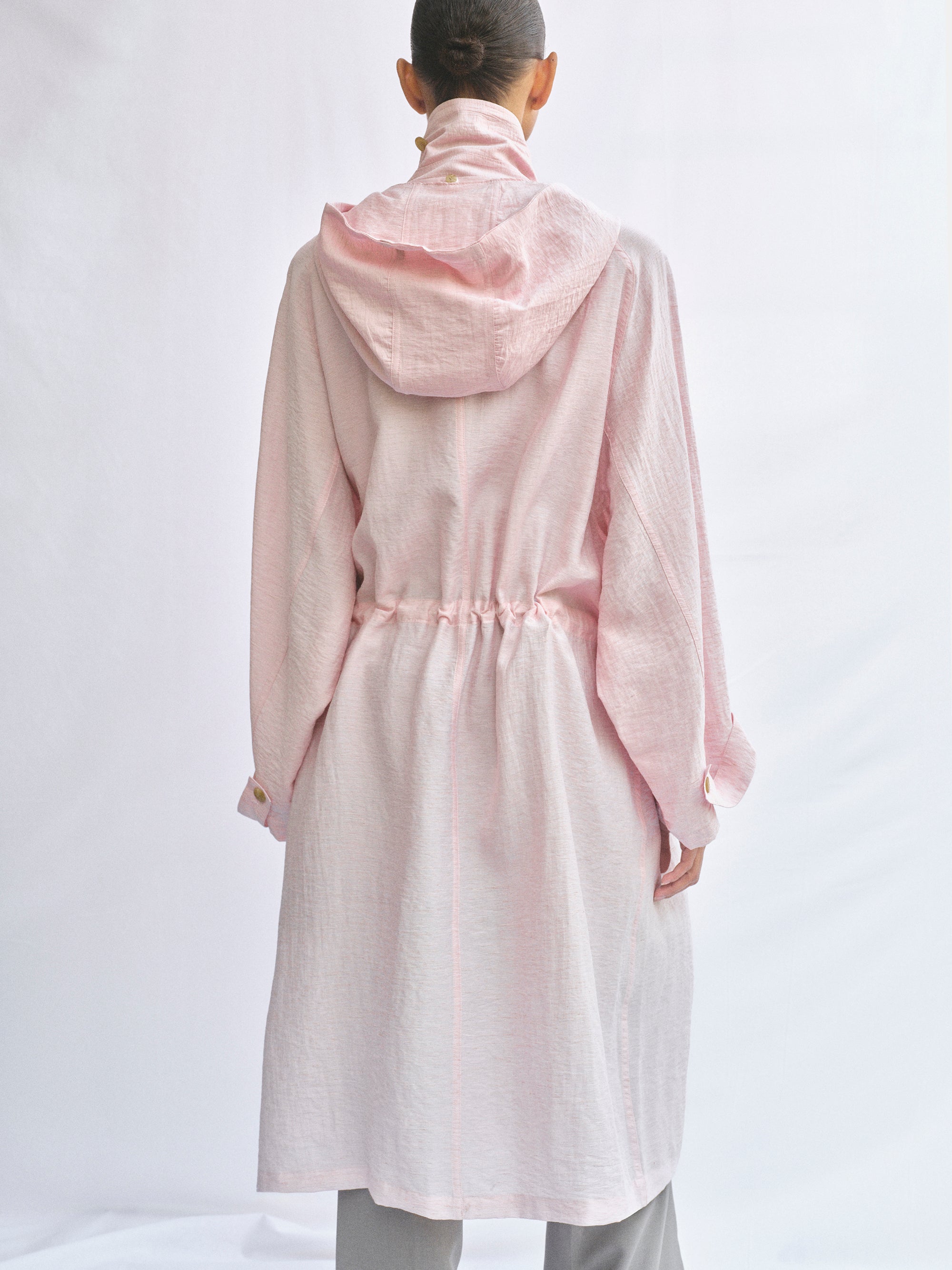 Linen-Blend Hooded Trench Coat, Pink