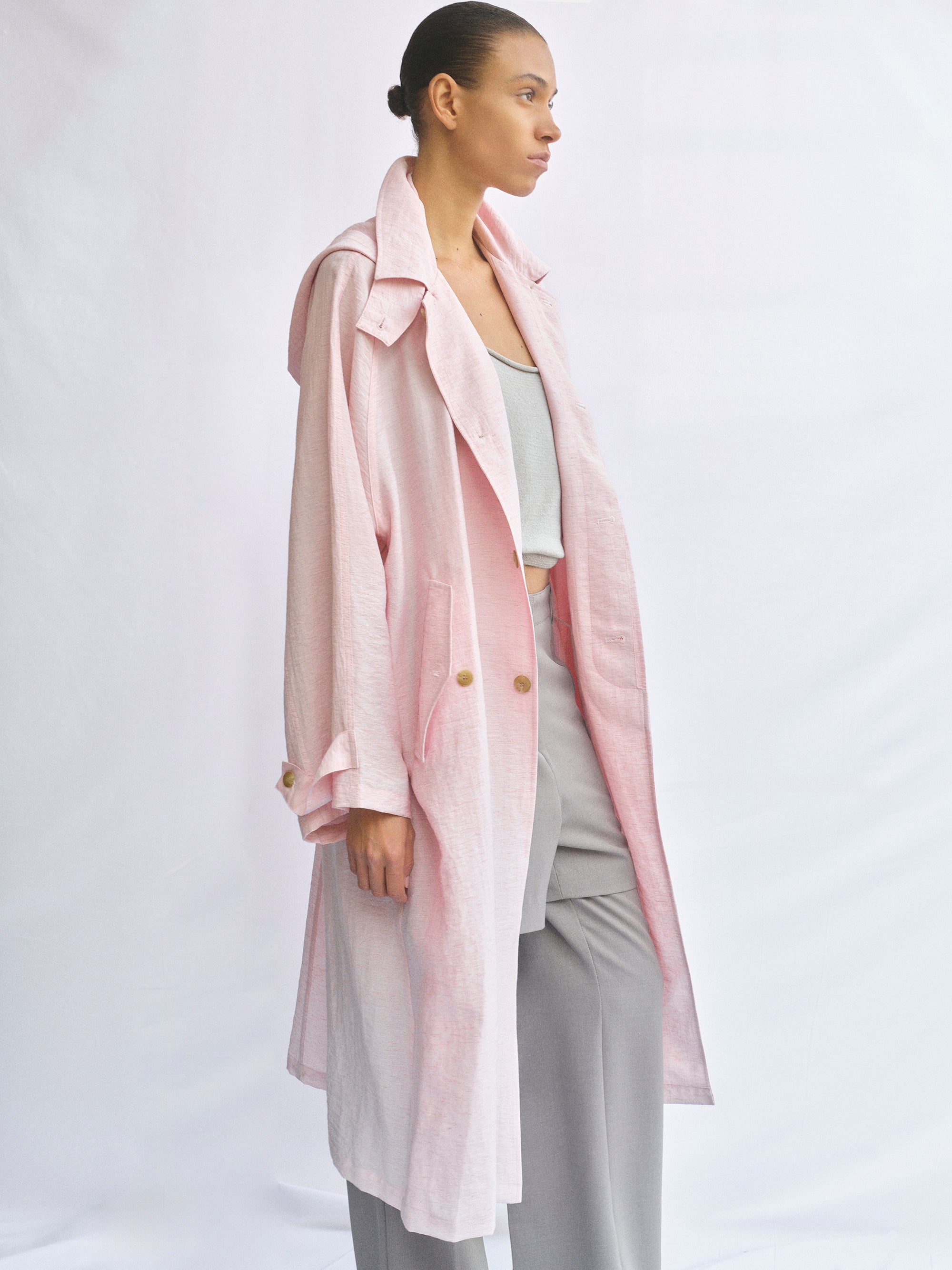 Linen-Blend Hooded Trench Coat, Pink