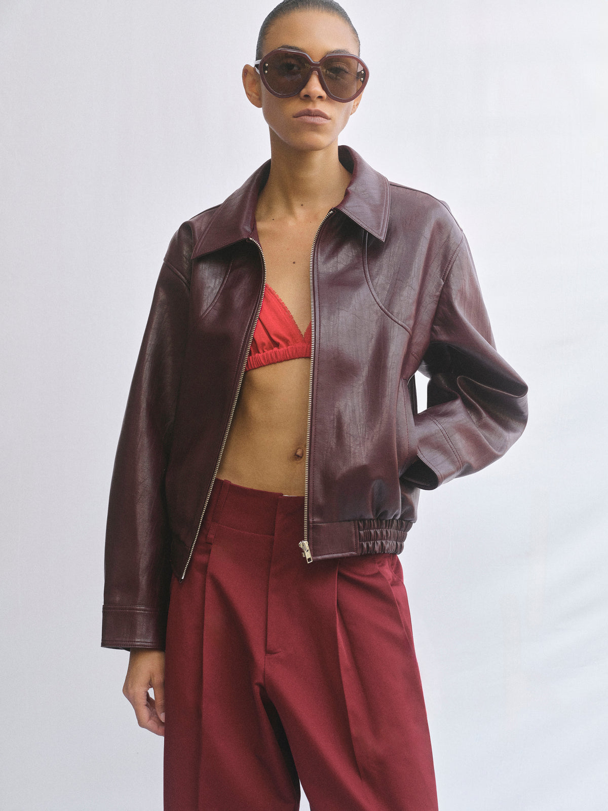 Ennio Faux-Leather Bomber Jacket, Mahogany