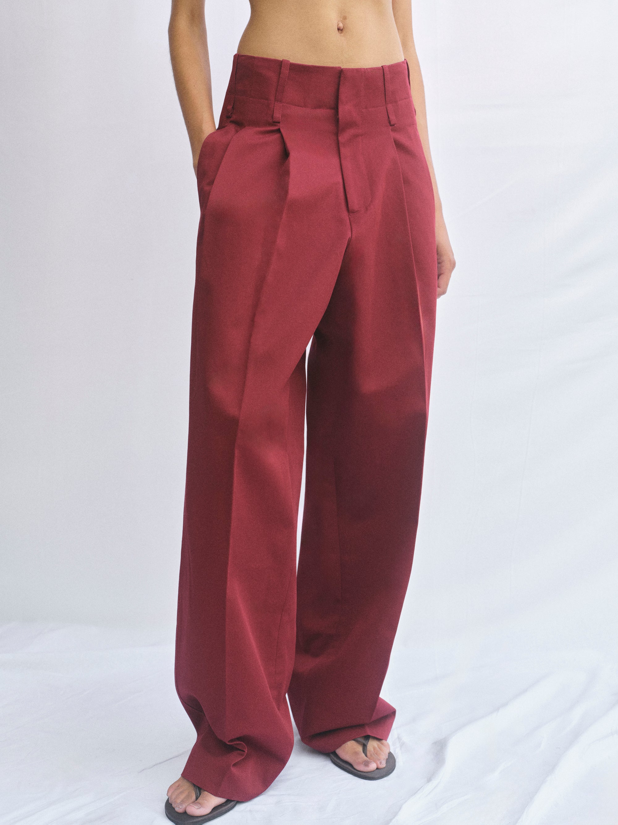 Double Waistband Chino Trousers, Burgundy