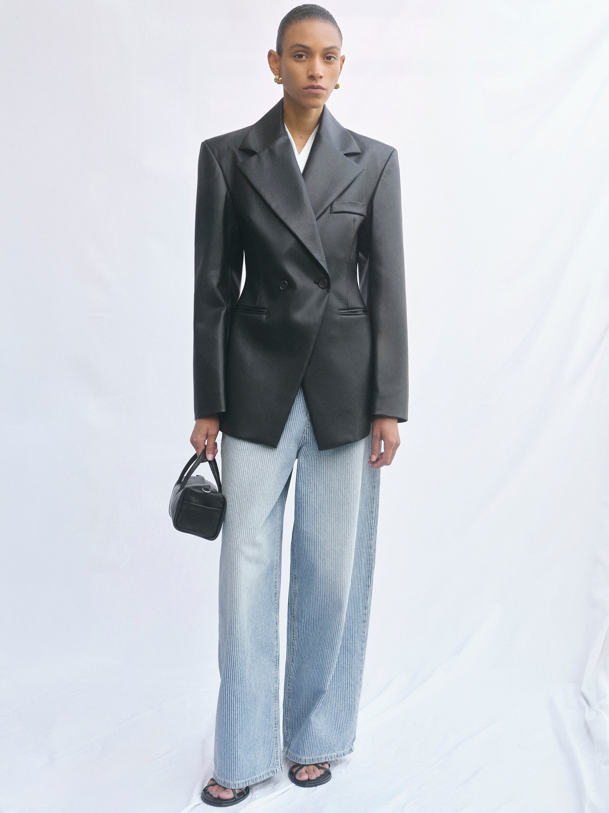 Nangy Faux-Leather Cinched Blazer, Black