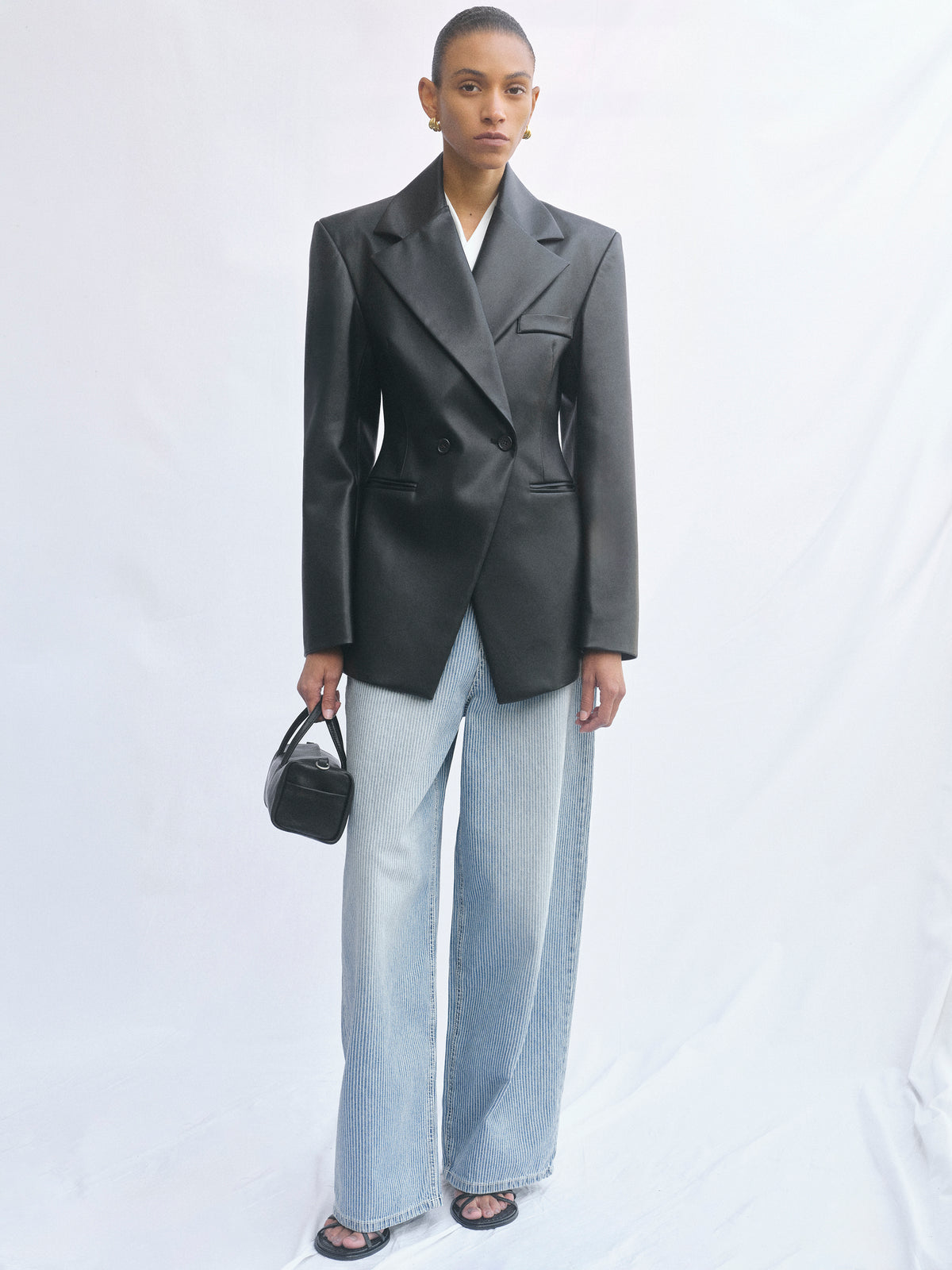 Nangy Faux-Leather Cinched Blazer, Black
