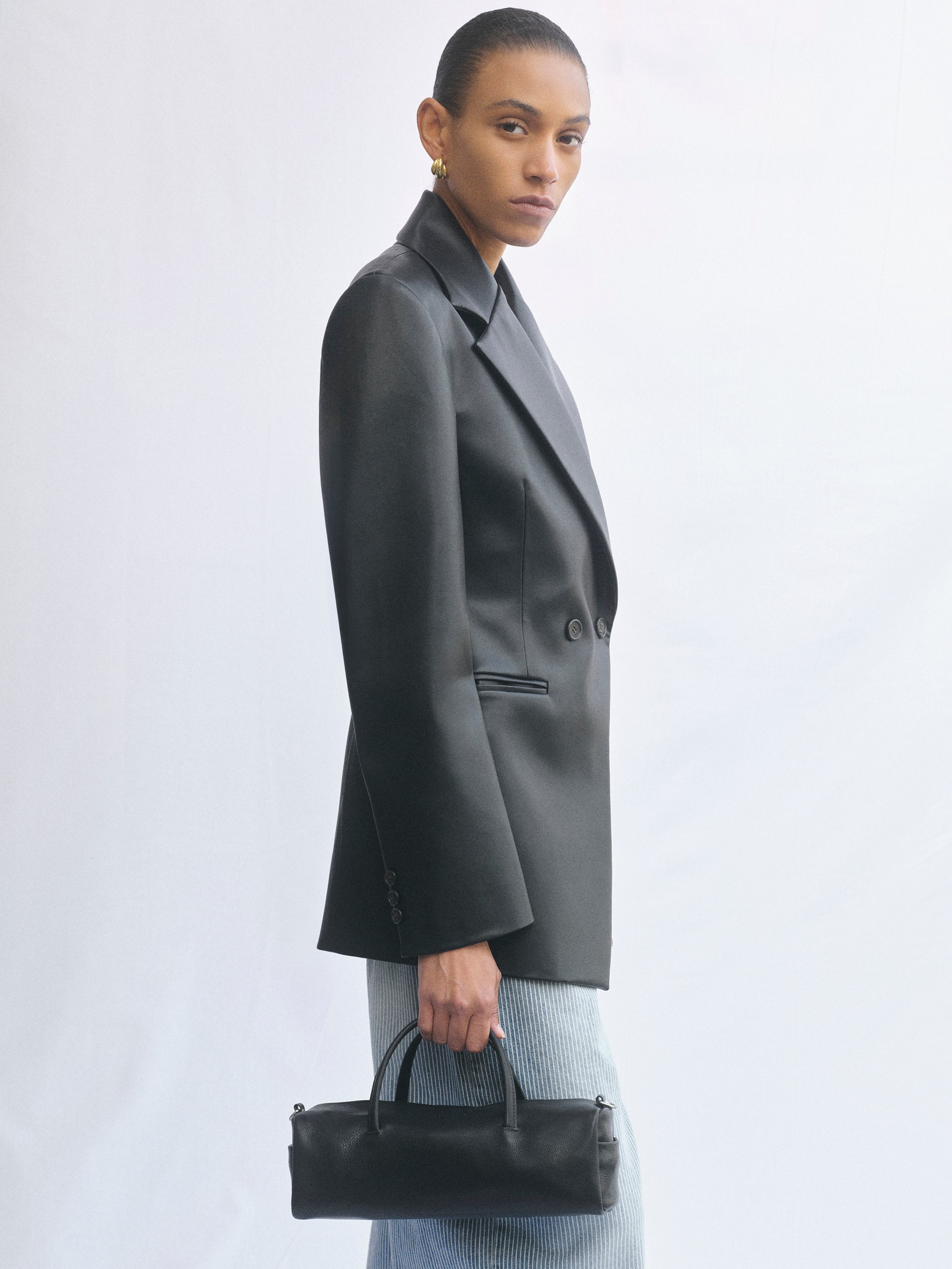 Nangy Faux-Leather Cinched Blazer, Black