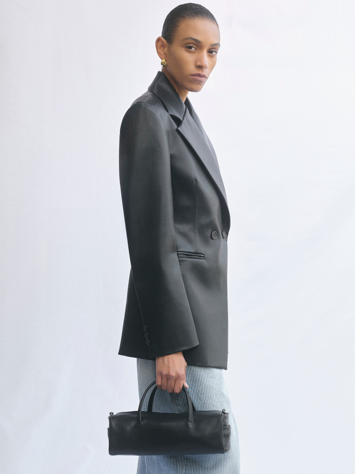 Nangy Faux-Leather Cinched Blazer, Black