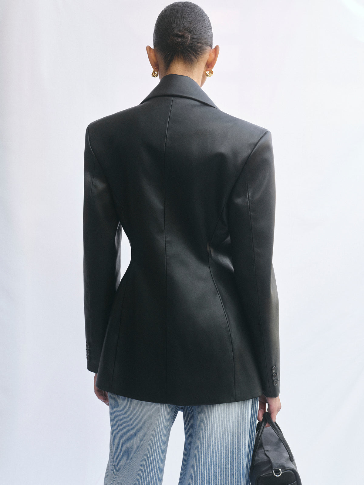 Nangy Faux-Leather Cinched Blazer, Black