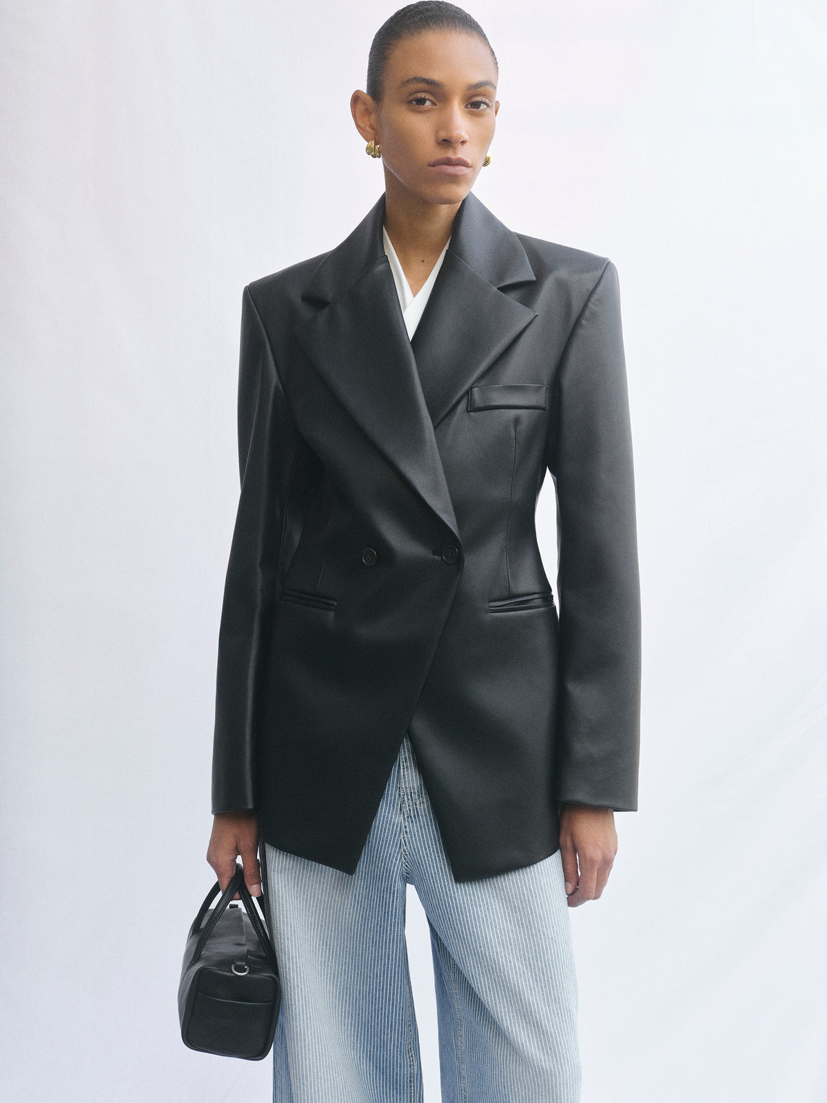 Nangy Faux-Leather Cinched Blazer, Black