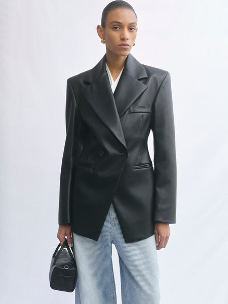Nangy Faux-Leather Cinched Blazer, Black – SourceUnknown