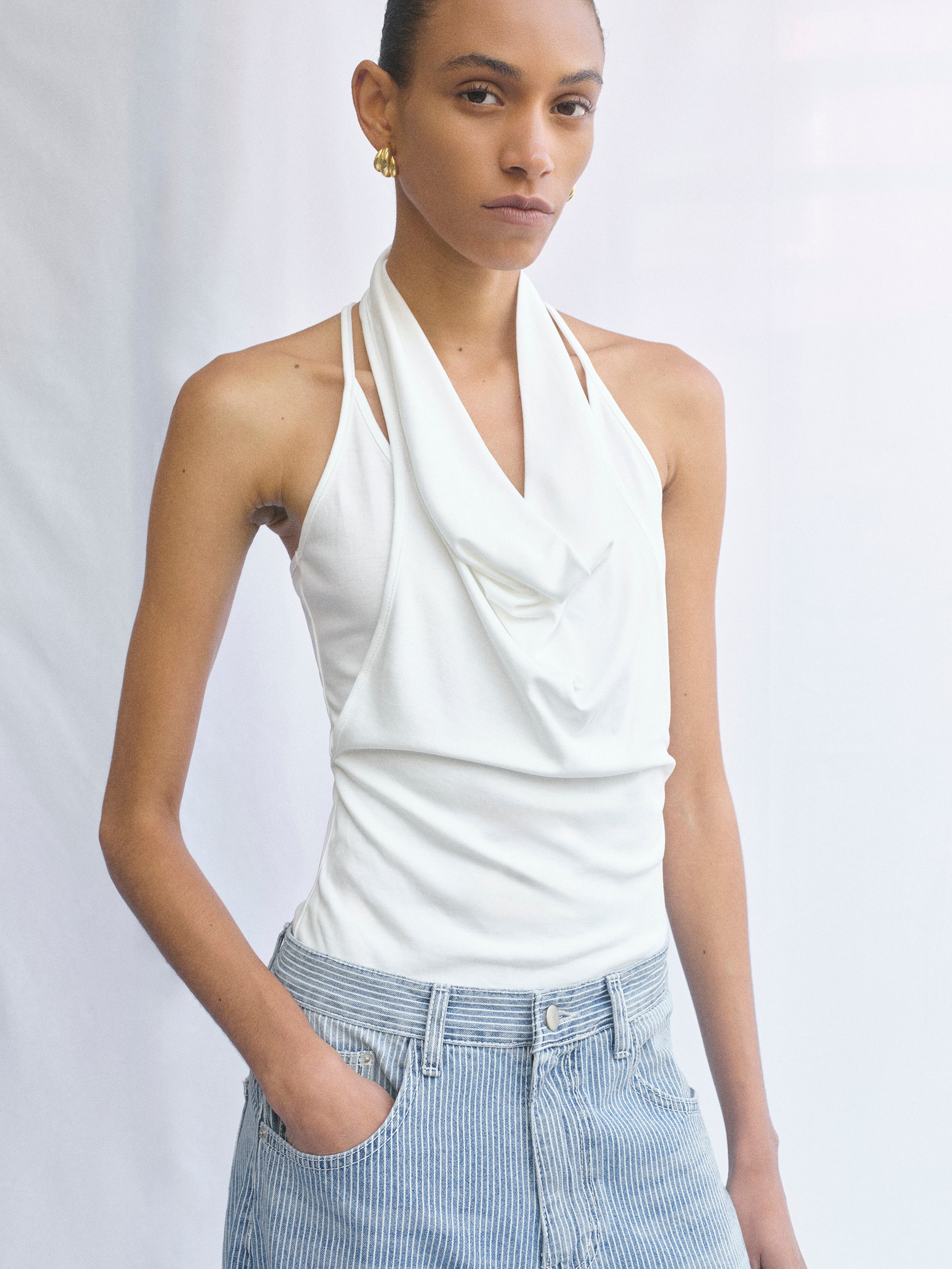 Layered Cowl Halter Top, Ivory