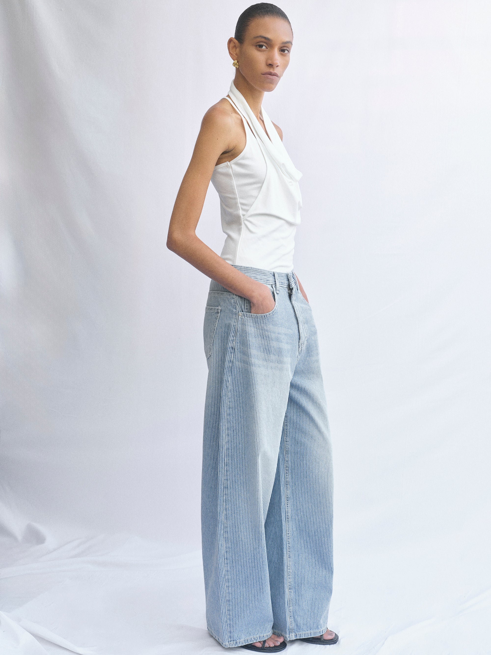 Pinstripe Wide-Leg Jeans, Washed Blue