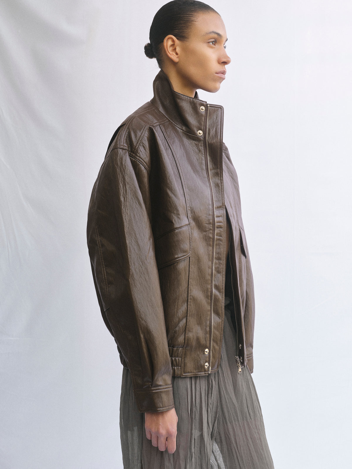 Silva Faux Leather Bomber Jacket, Brown