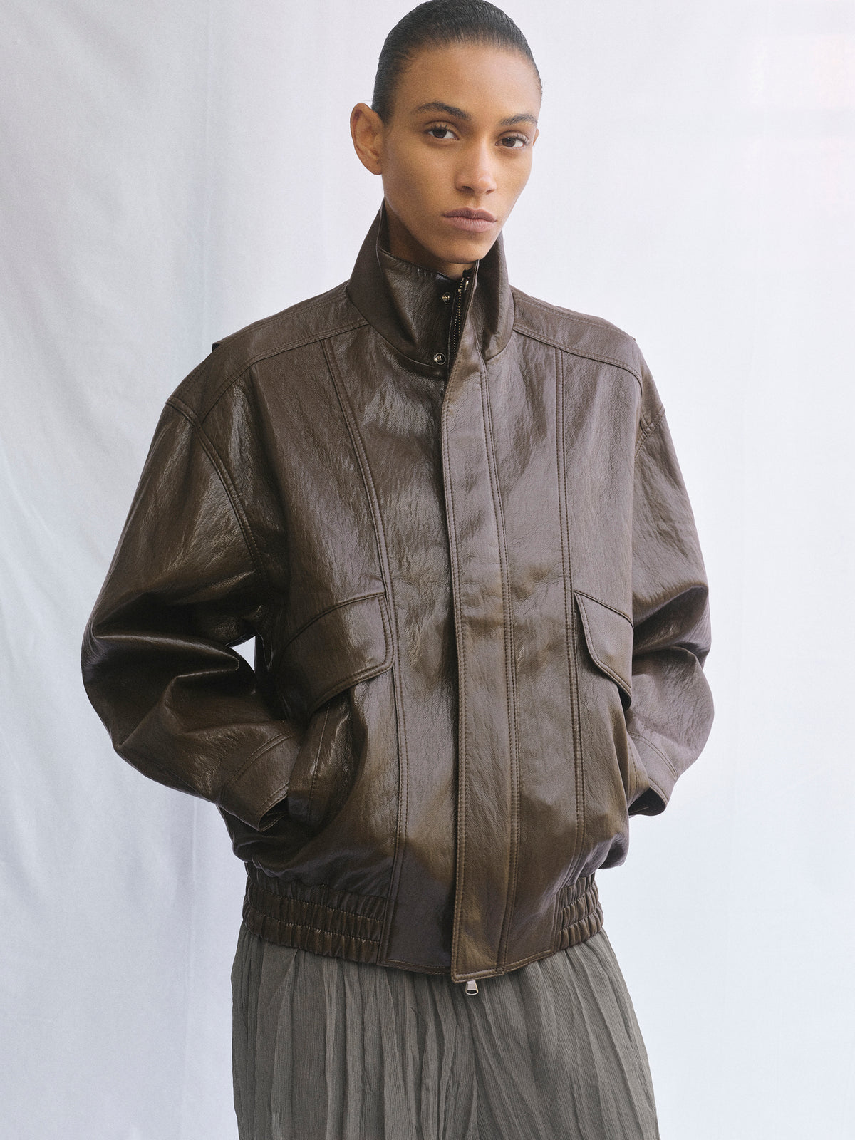 Silva Faux Leather Bomber Jacket, Brown