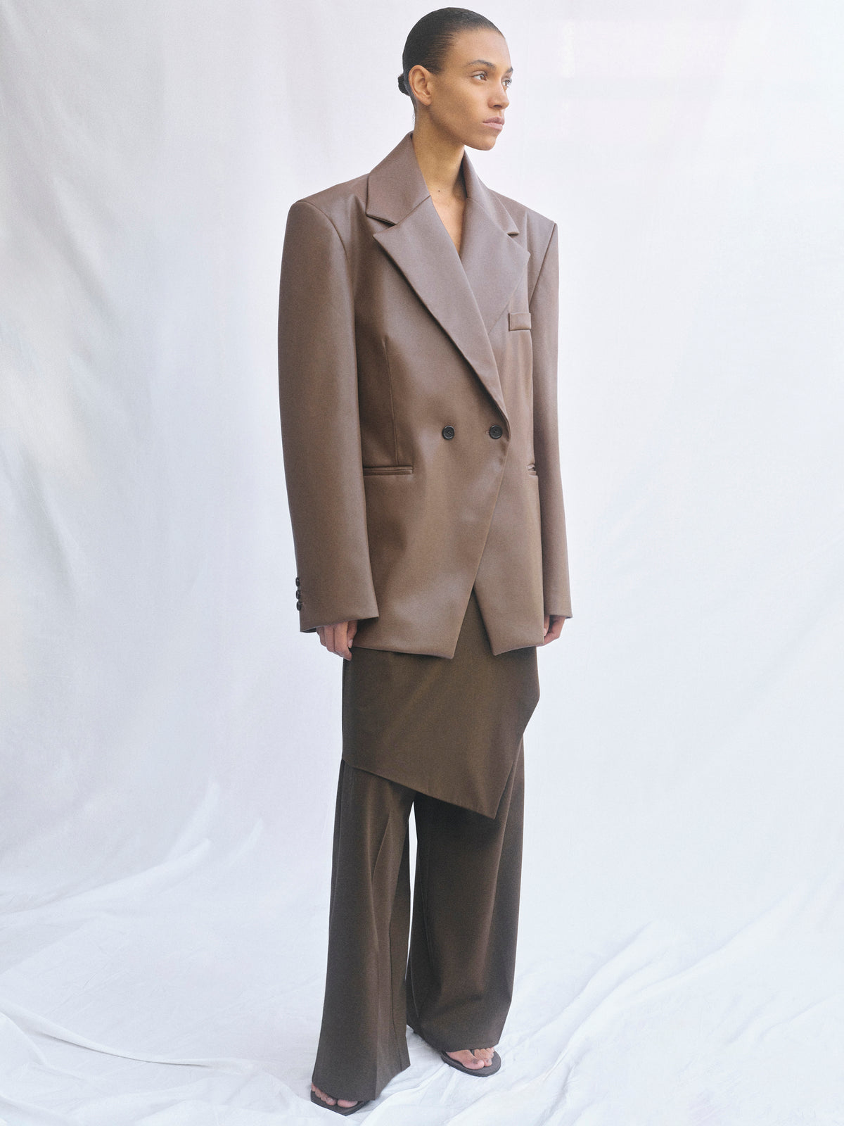 Nangy Faux-Leather Cinched Blazer, Tan