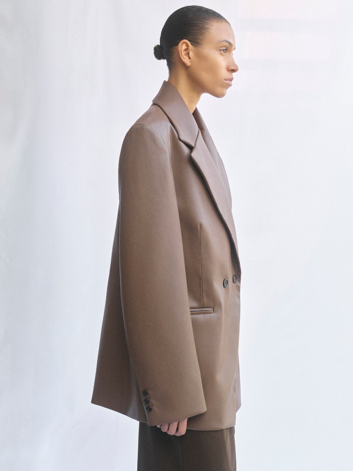 Nangy Faux-Leather Cinched Blazer, Tan