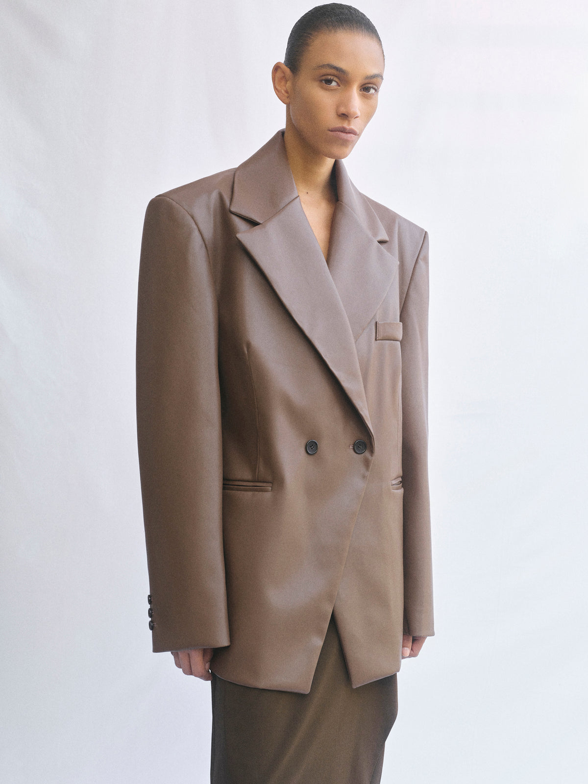 Nangy Faux-Leather Cinched Blazer, Tan