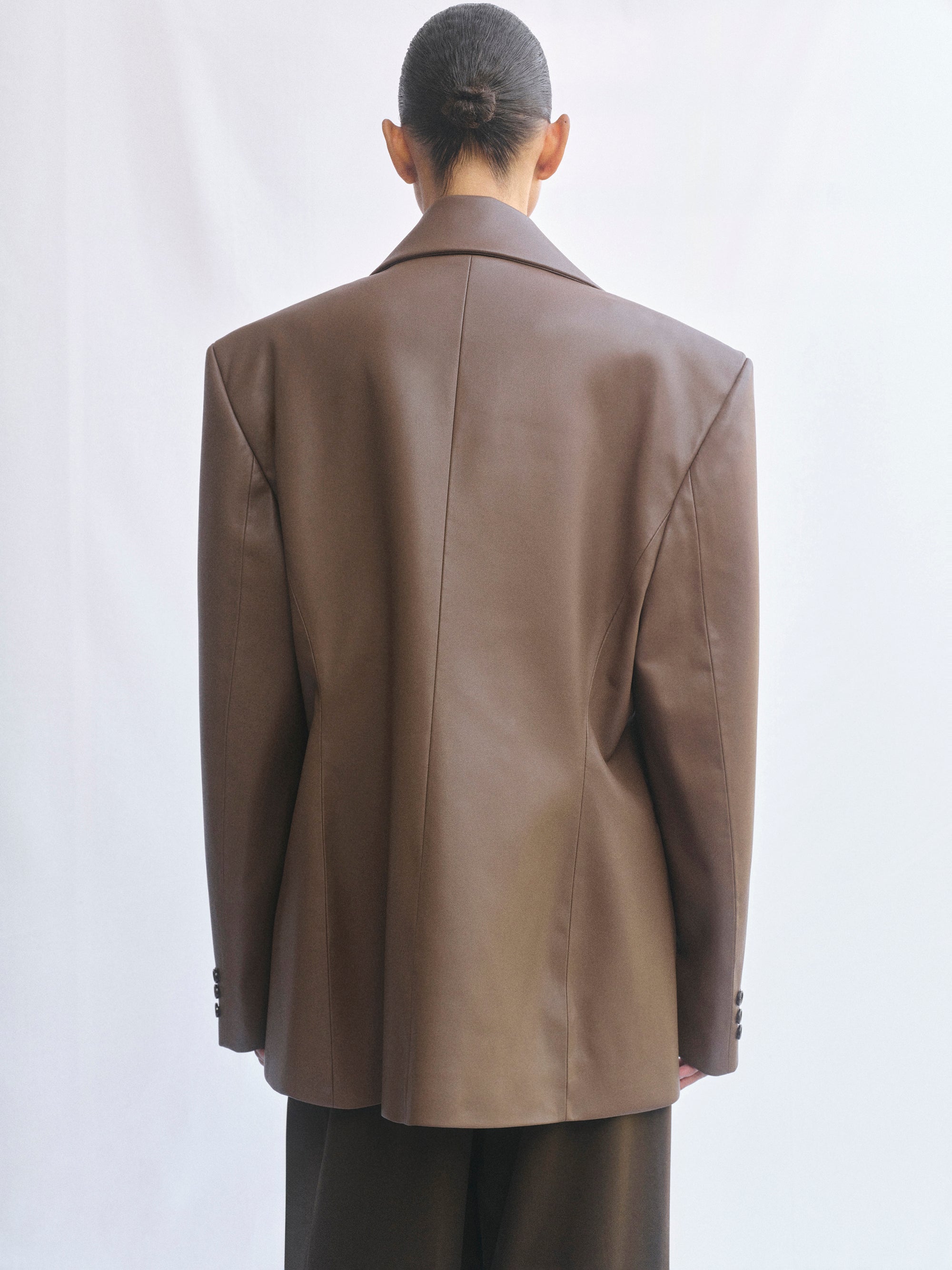 Nangy Faux-Leather Cinched Blazer, Tan