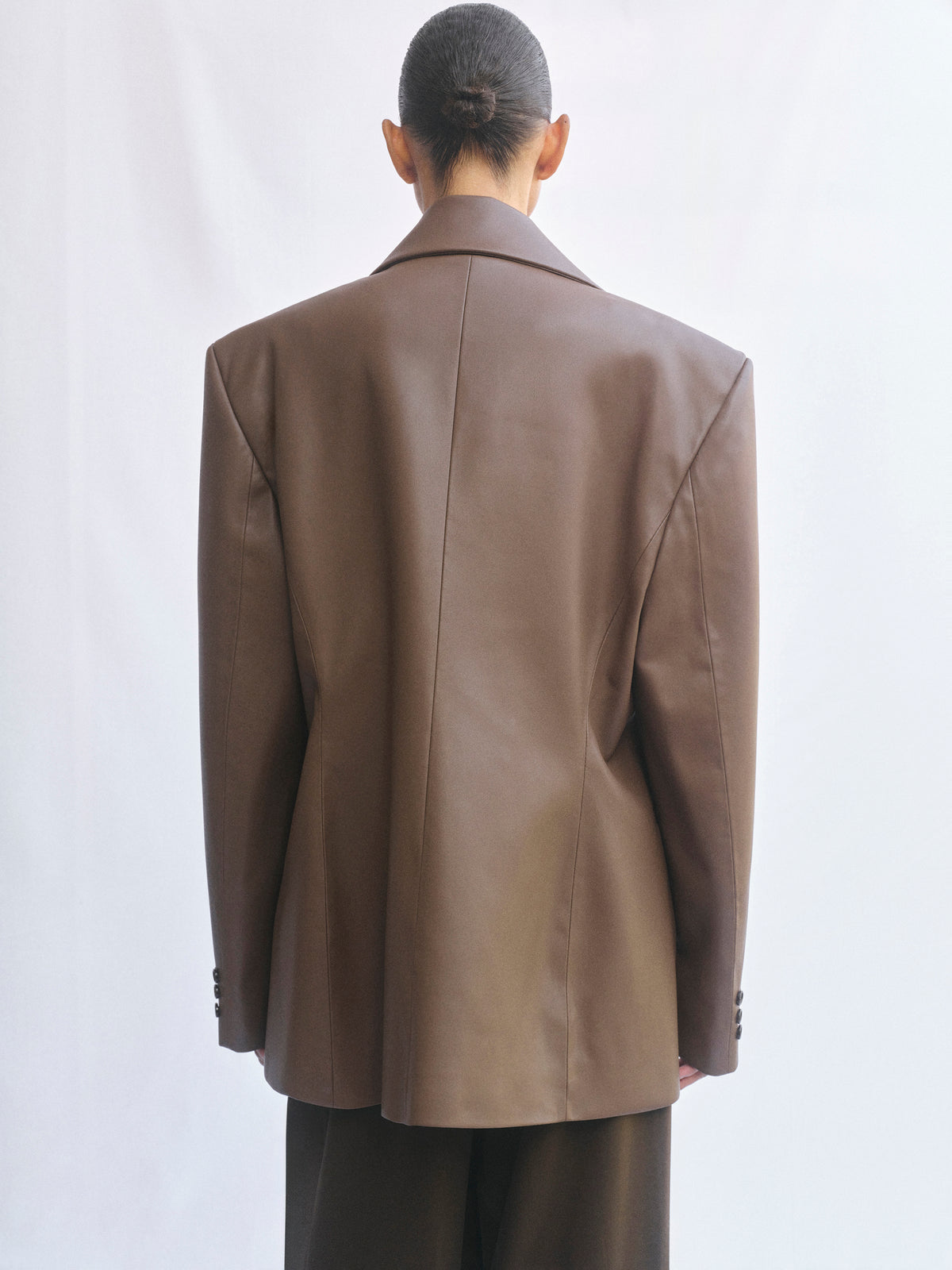 Nangy Faux-Leather Cinched Blazer, Tan