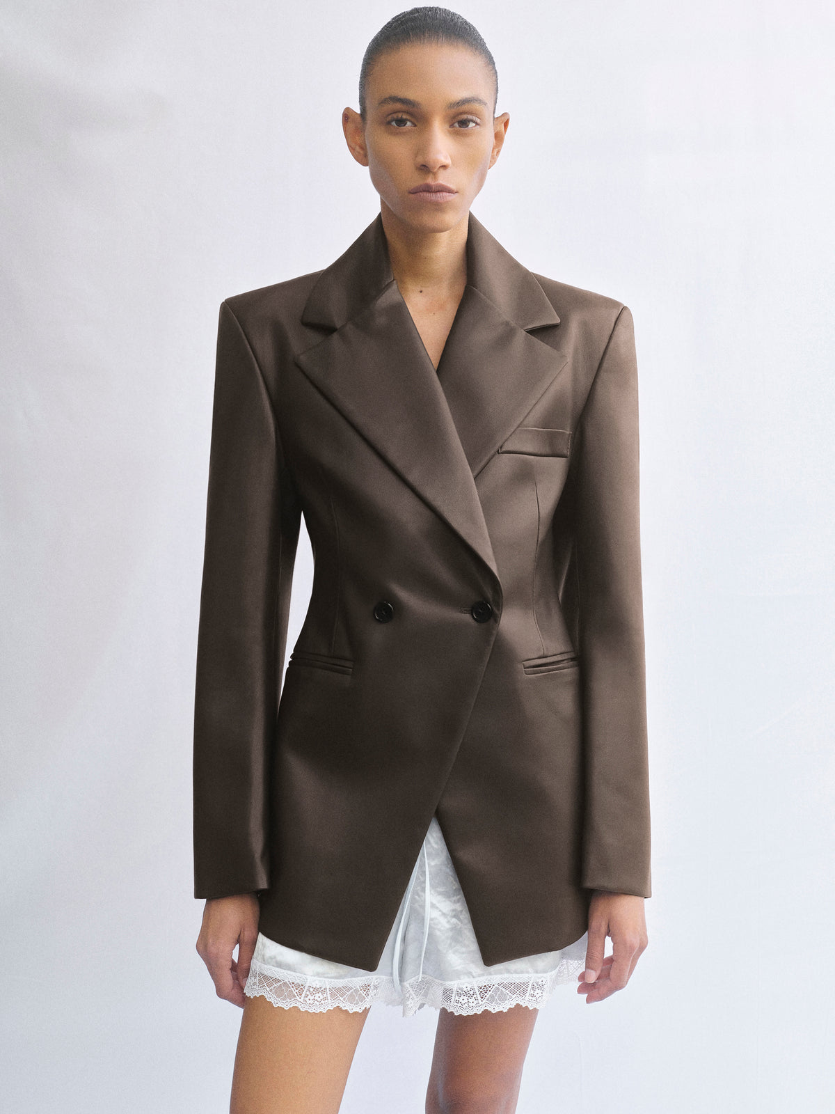 Nangy Faux-Leather Cinched Blazer, Brown
