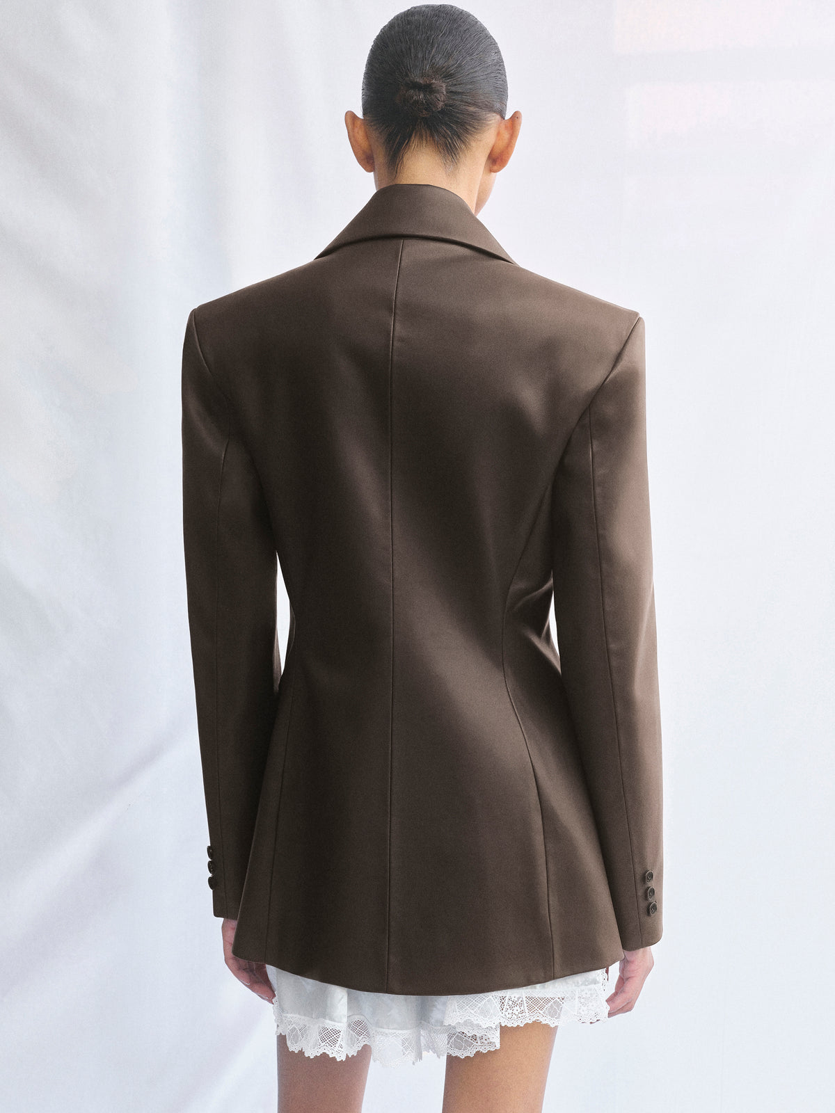 Nangy Faux-Leather Cinched Blazer, Brown