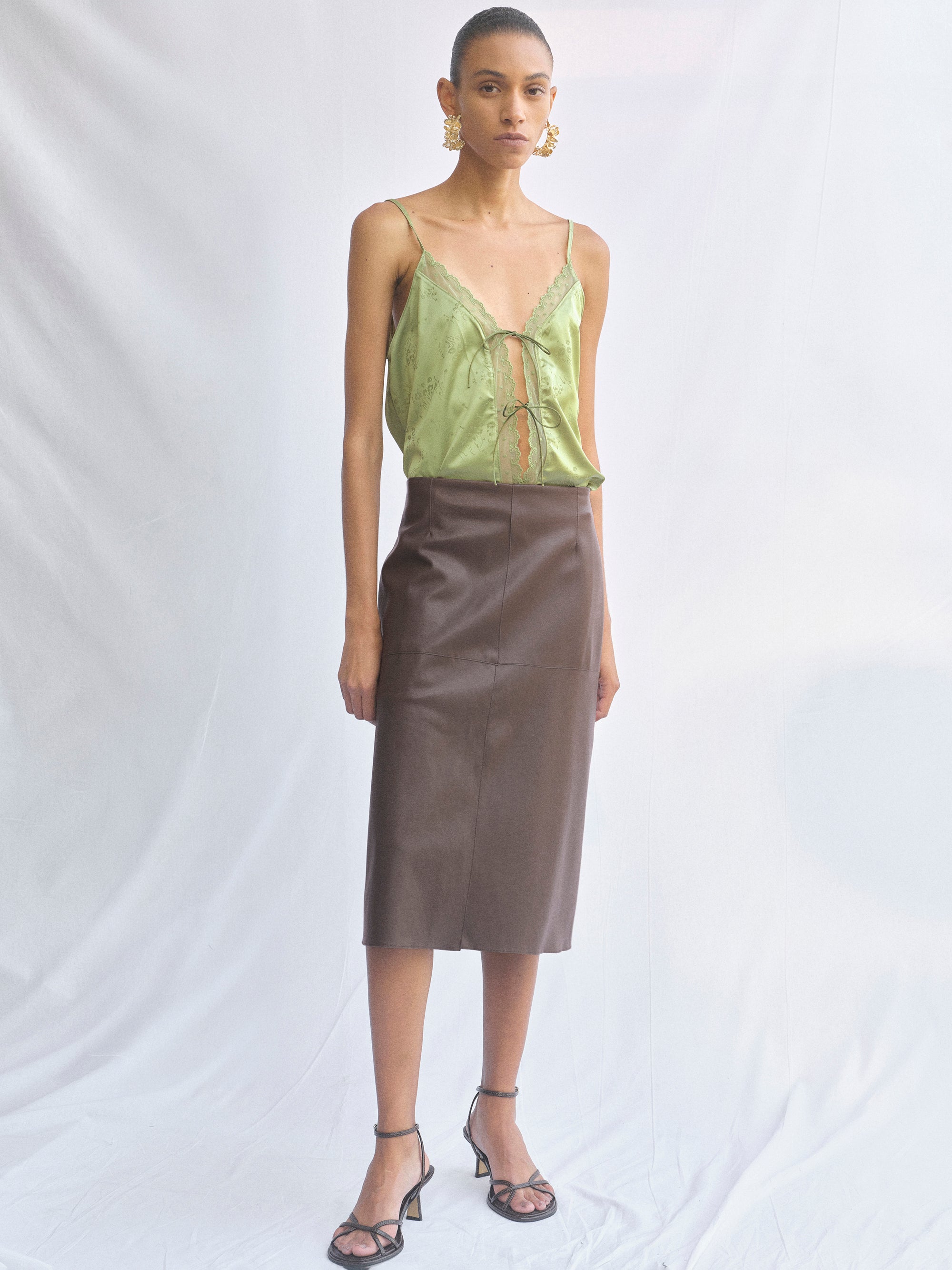 Paneled Faux Leather Skirt, Brown
