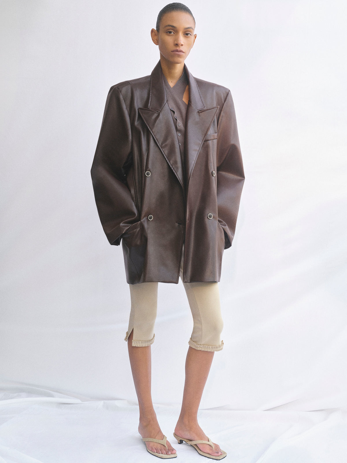 Kasos Faux Leather Double-Breasted Blazer, Brown