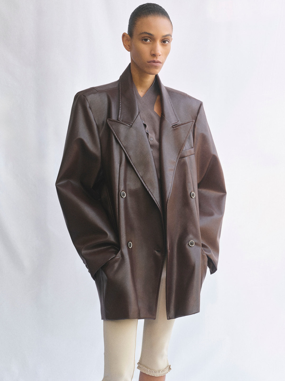 Kasos Faux Leather Double-Breasted Blazer, Brown