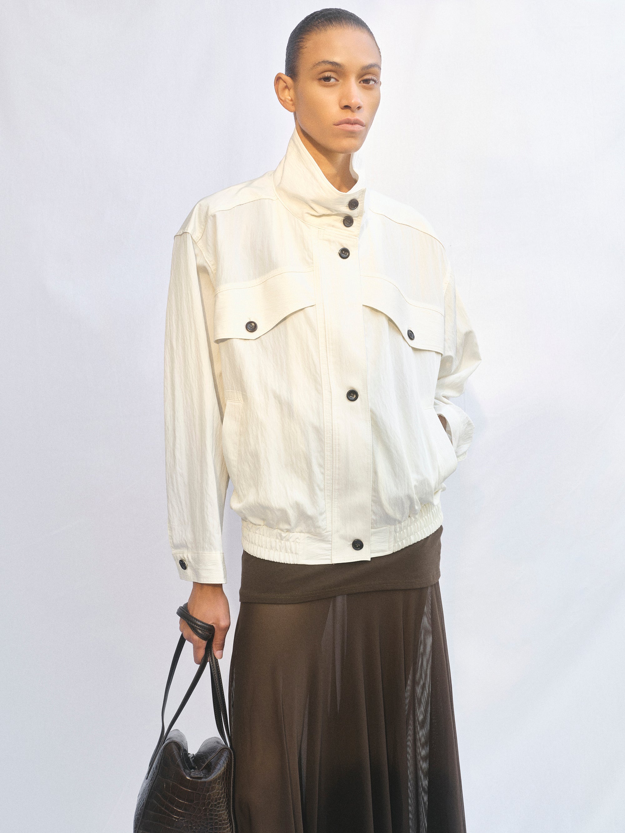 Crinkled Blouson Jacket, Cream