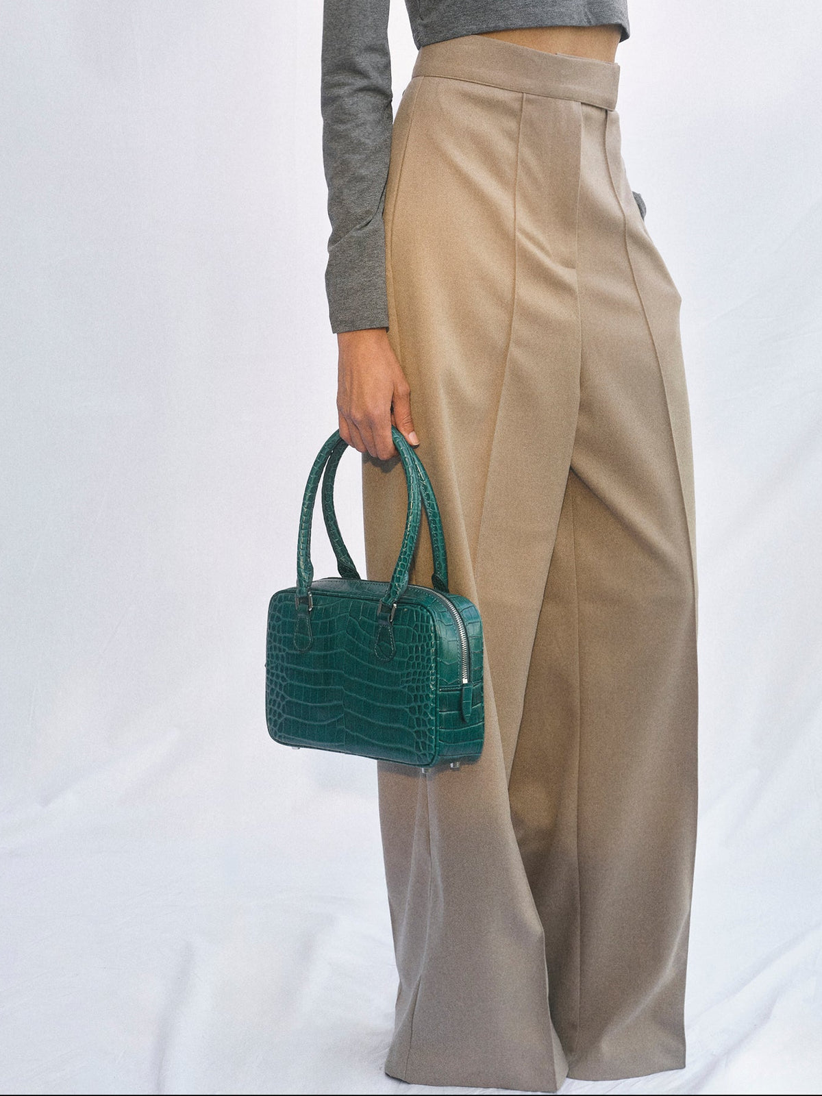 Yves Croc-embossed Leather Bag, English Green