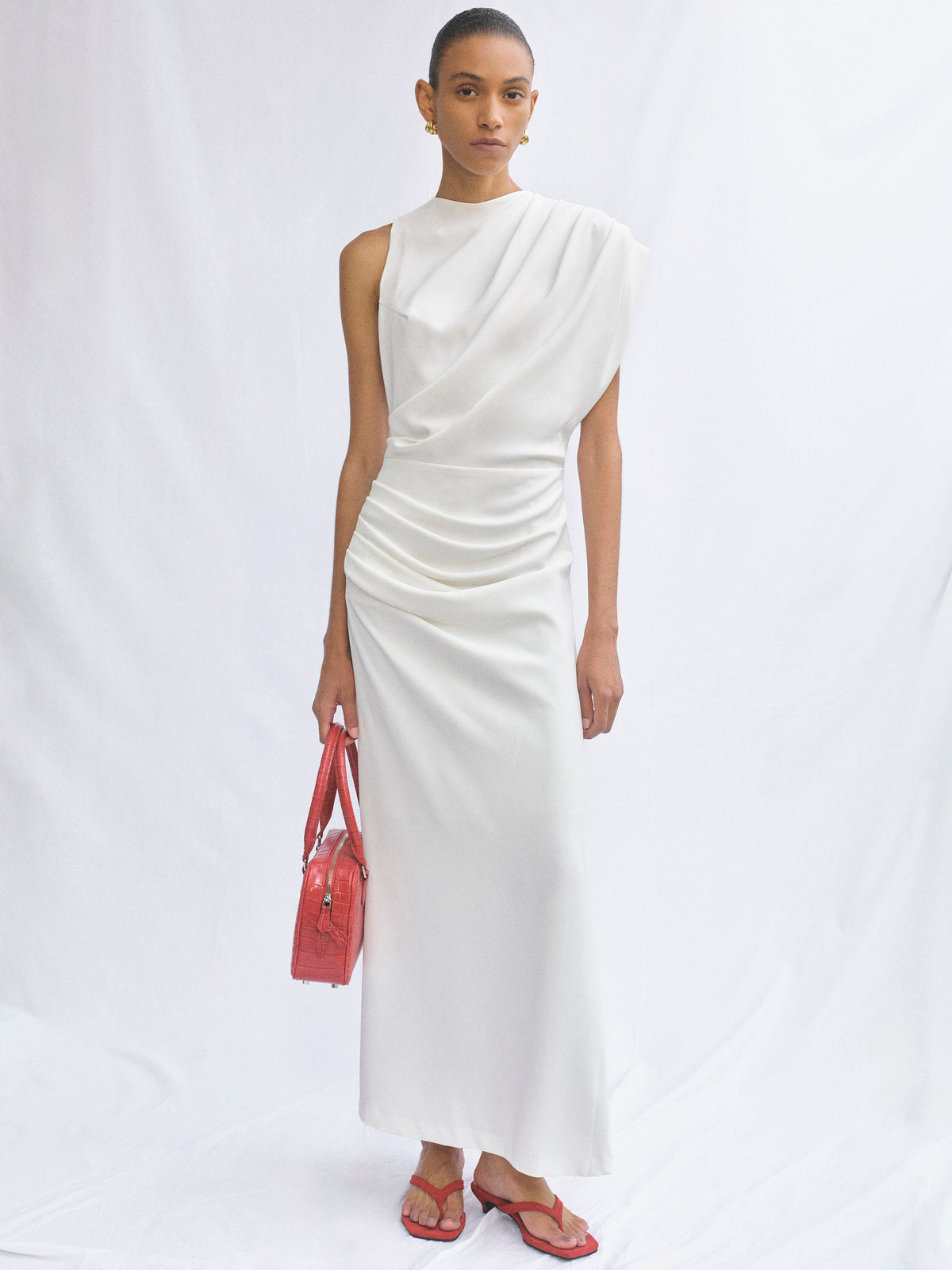 Martu Asymmetric Draped Dress, White