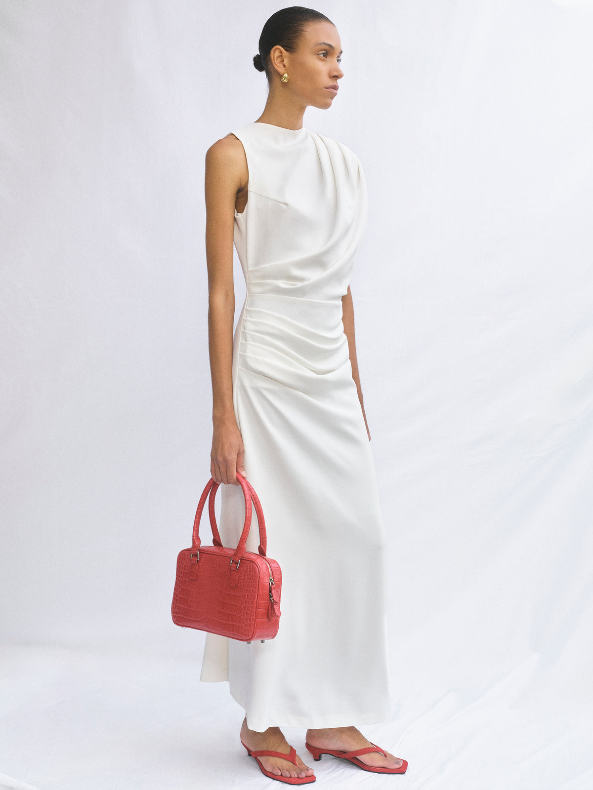 Martu Asymmetric Draped Dress, White