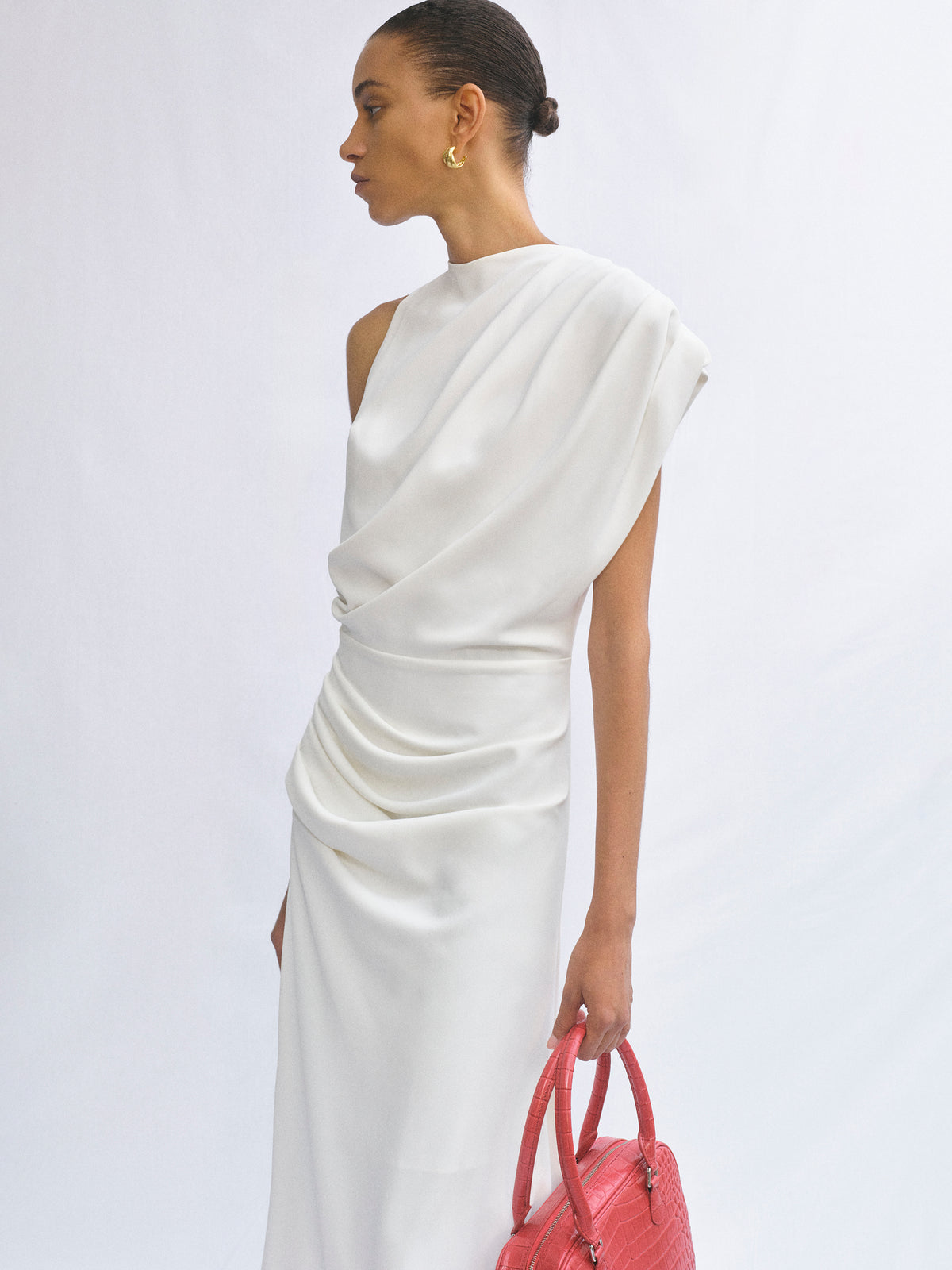 Martu Asymmetric Draped Dress, White