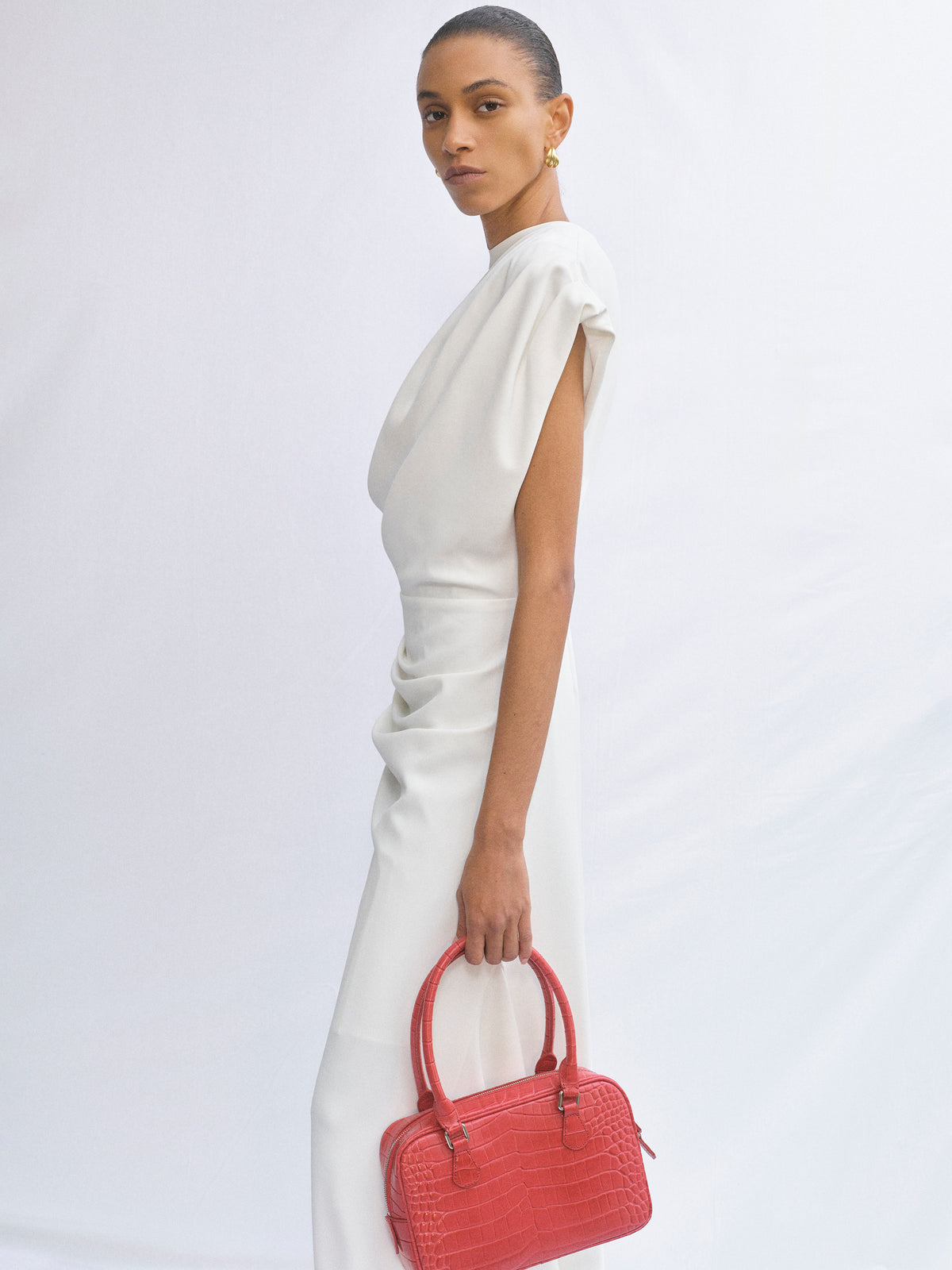 Martu Asymmetric Draped Dress, White
