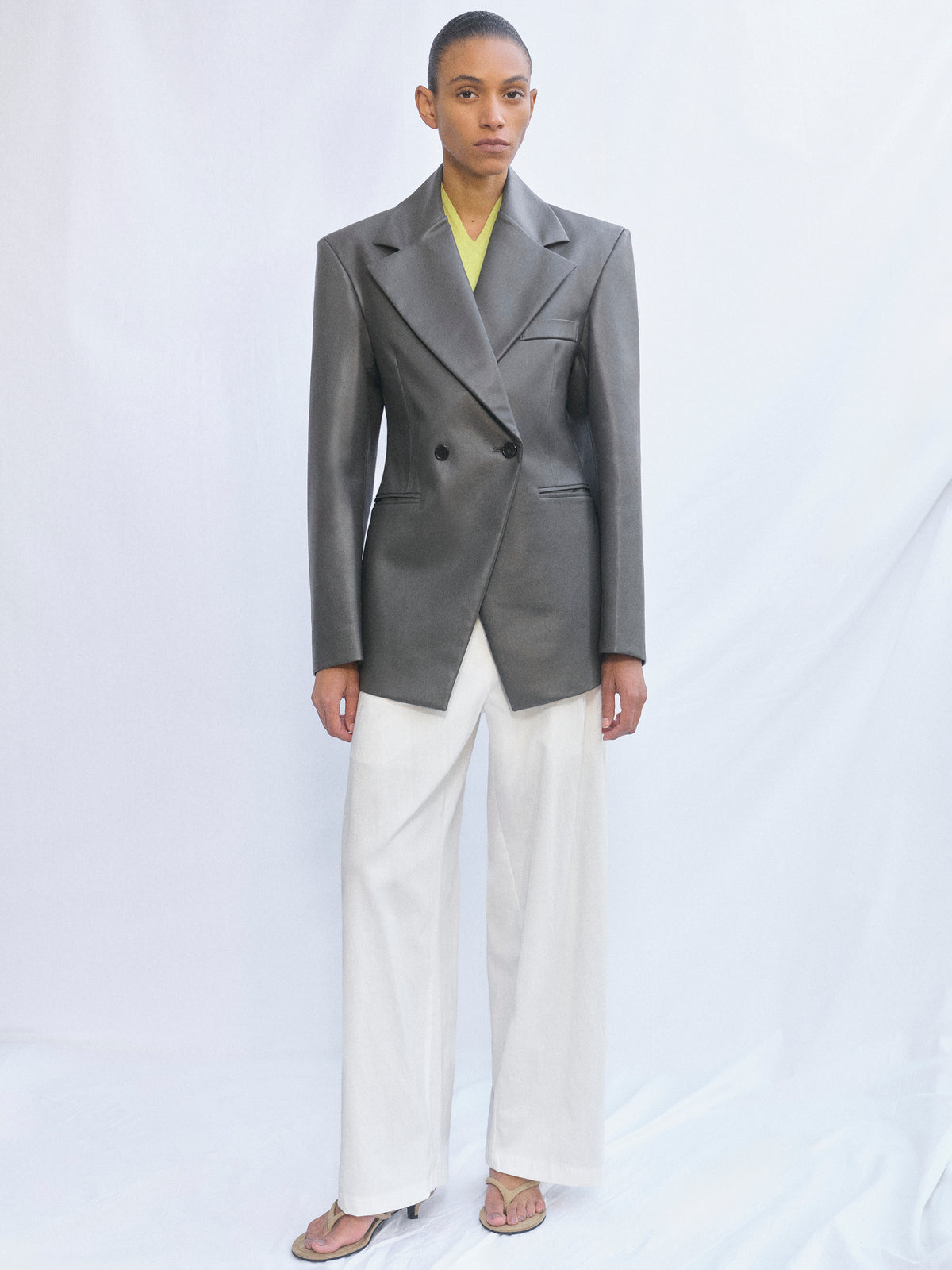 Nangy Faux-Leather Cinched Blazer, Grey