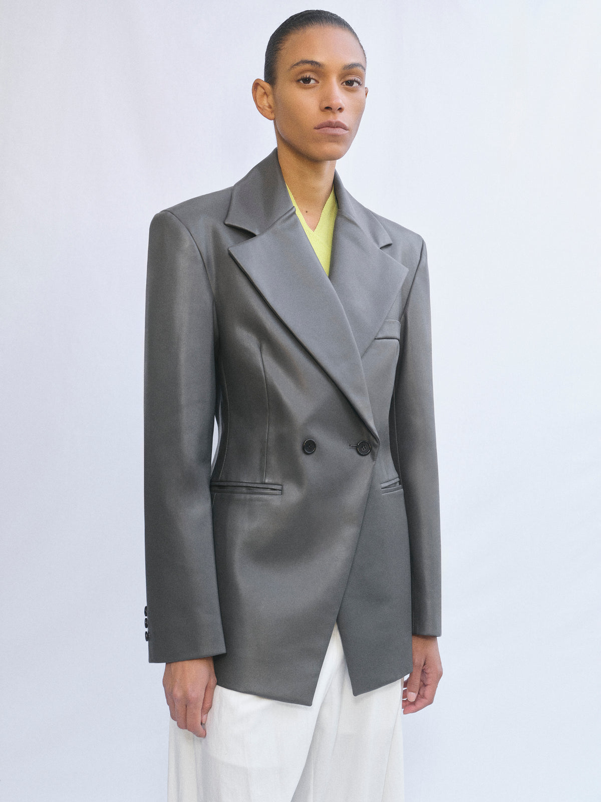 Nangy Faux-Leather Cinched Blazer, Grey