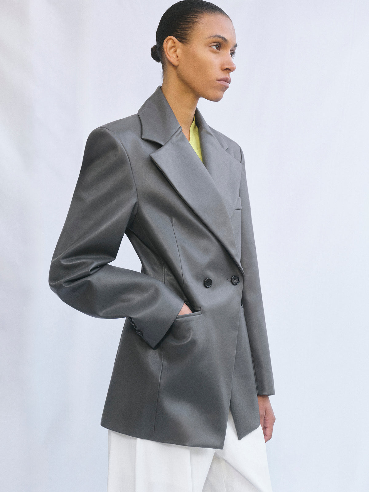 Nangy Faux-Leather Cinched Blazer, Grey