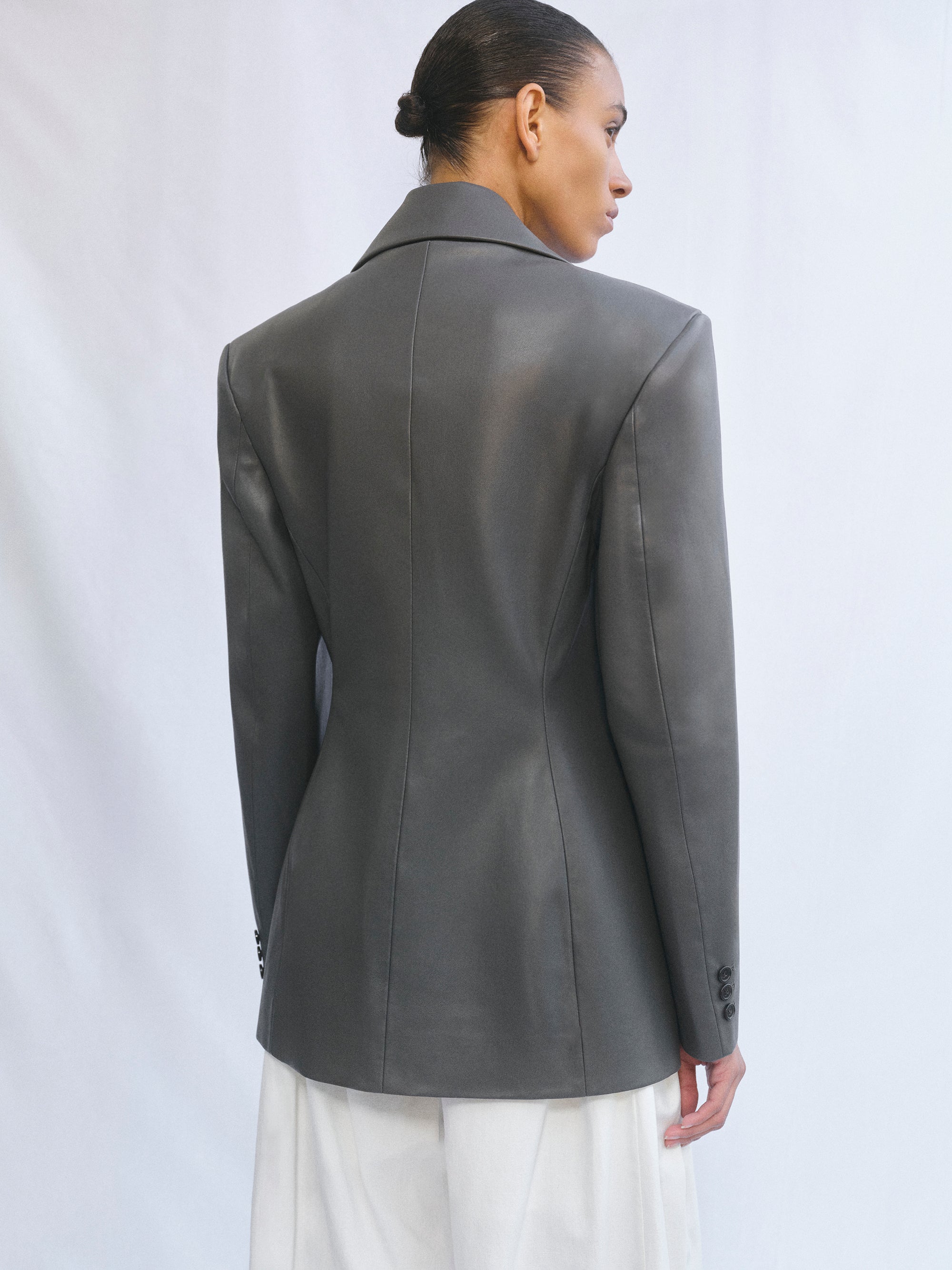 Nangy Faux-Leather Cinched Blazer, Grey