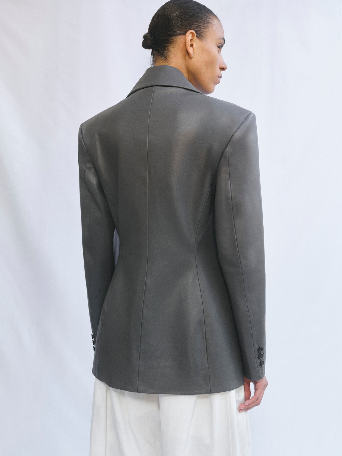 Nangy Faux-Leather Cinched Blazer, Grey