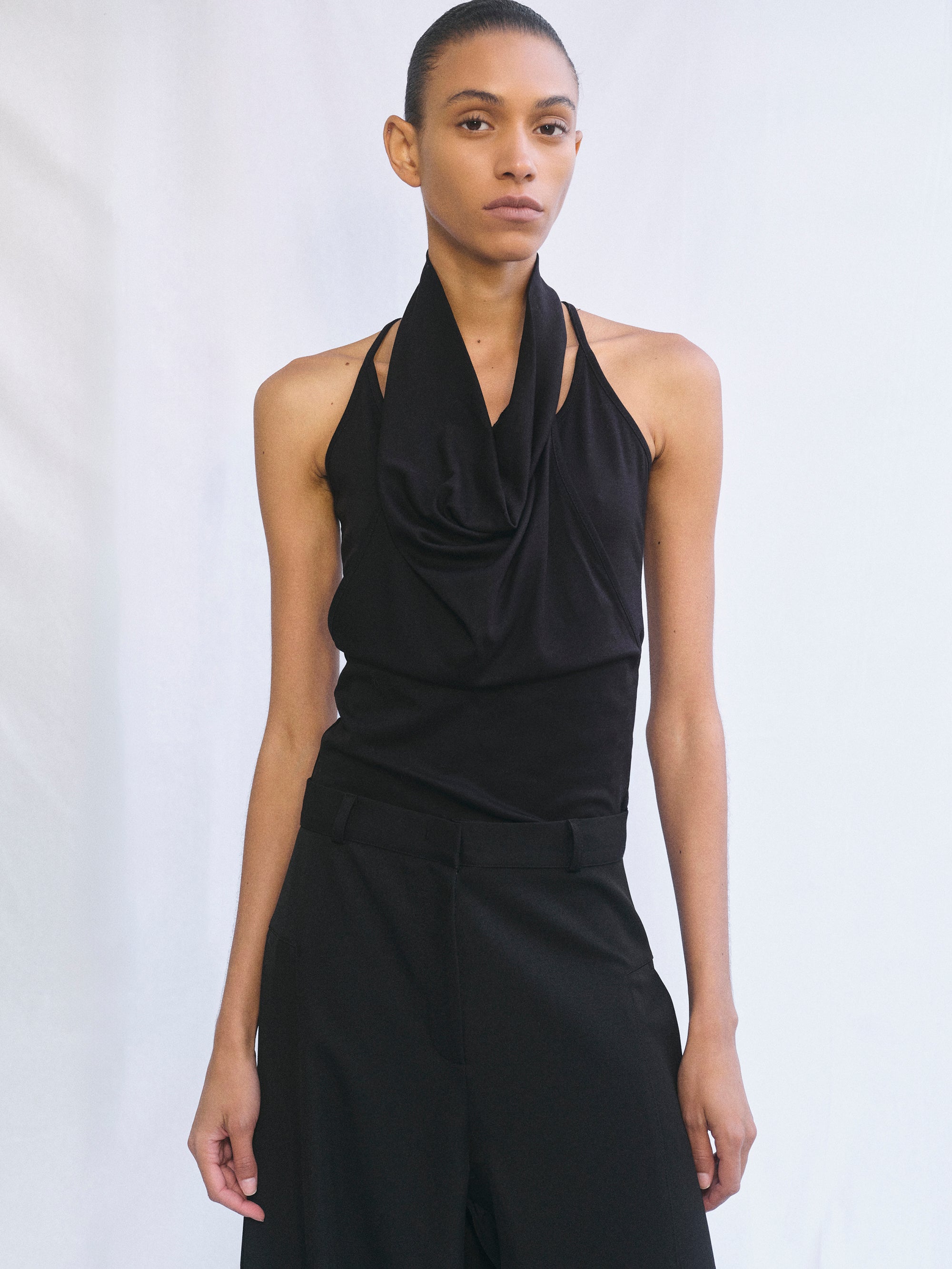 Layered Cowl Halter Top, Black