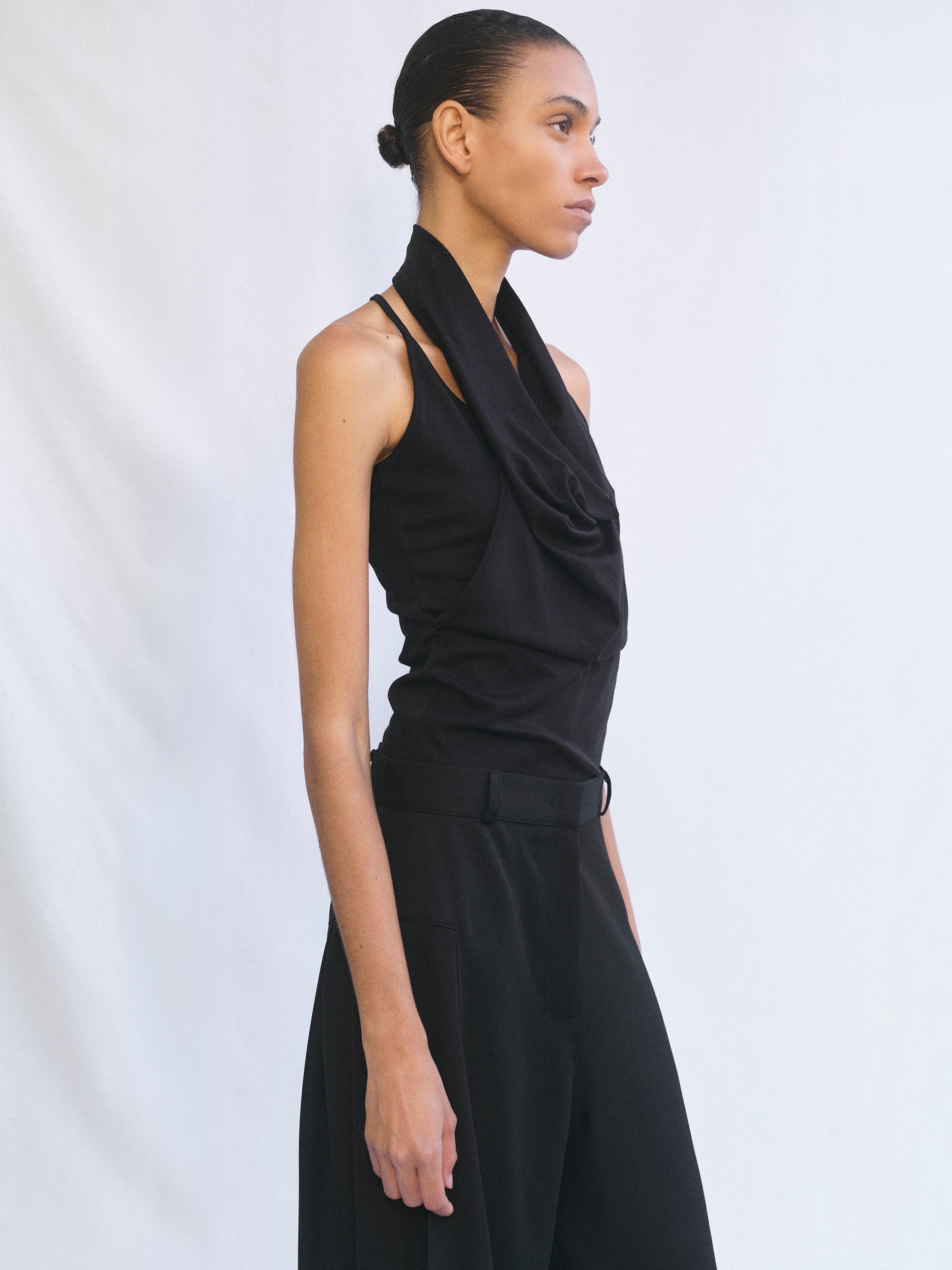 Layered Cowl Halter Top, Black