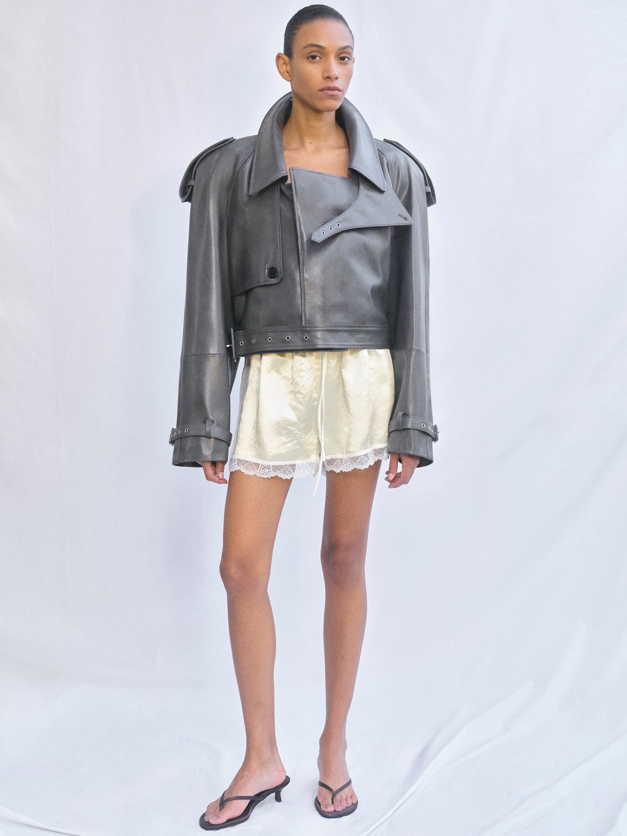 Notan Buckled Faux-Leather Cropped Jacket, Grey