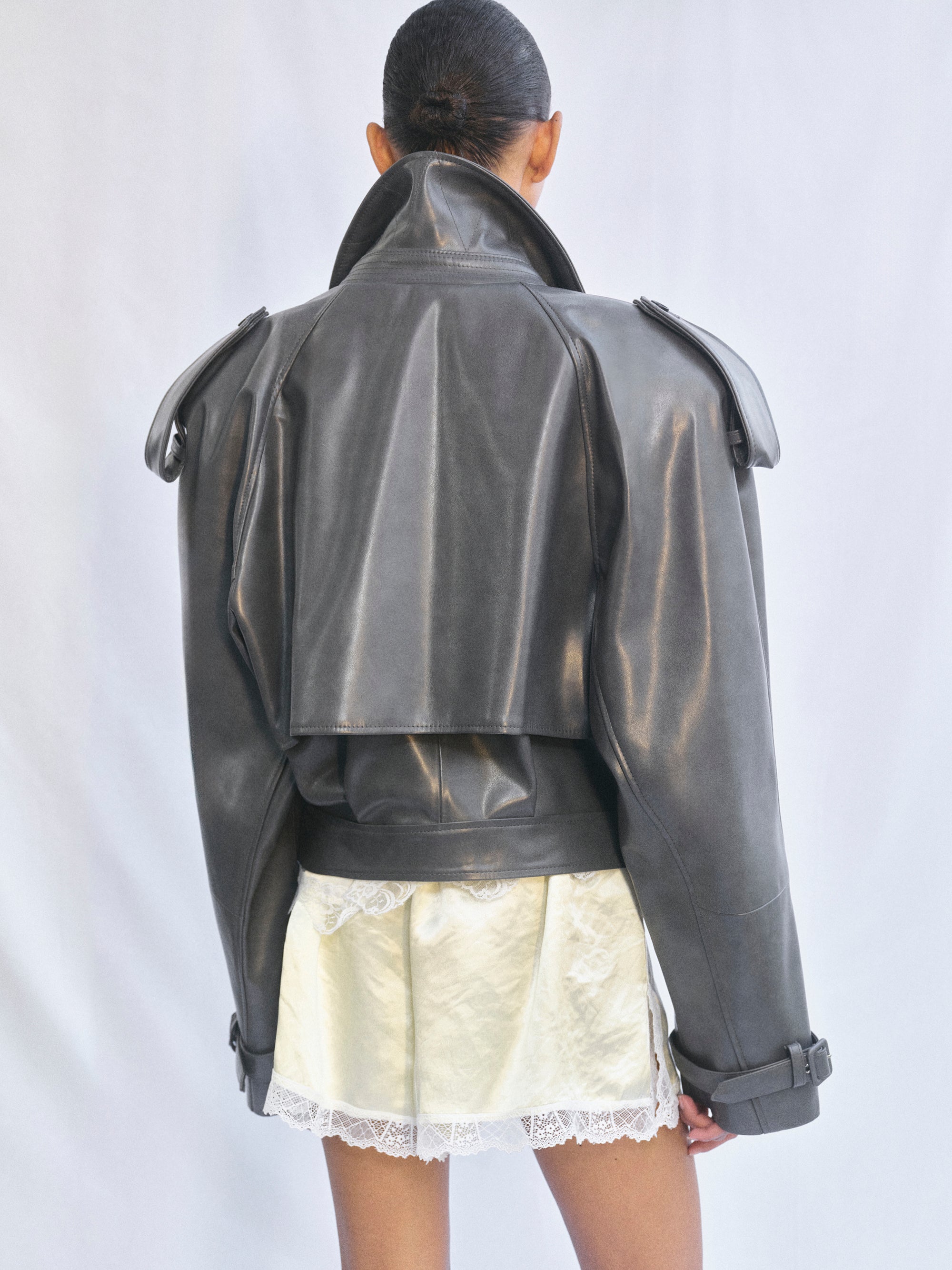 Notan Buckled Faux-Leather Cropped Jacket, Grey
