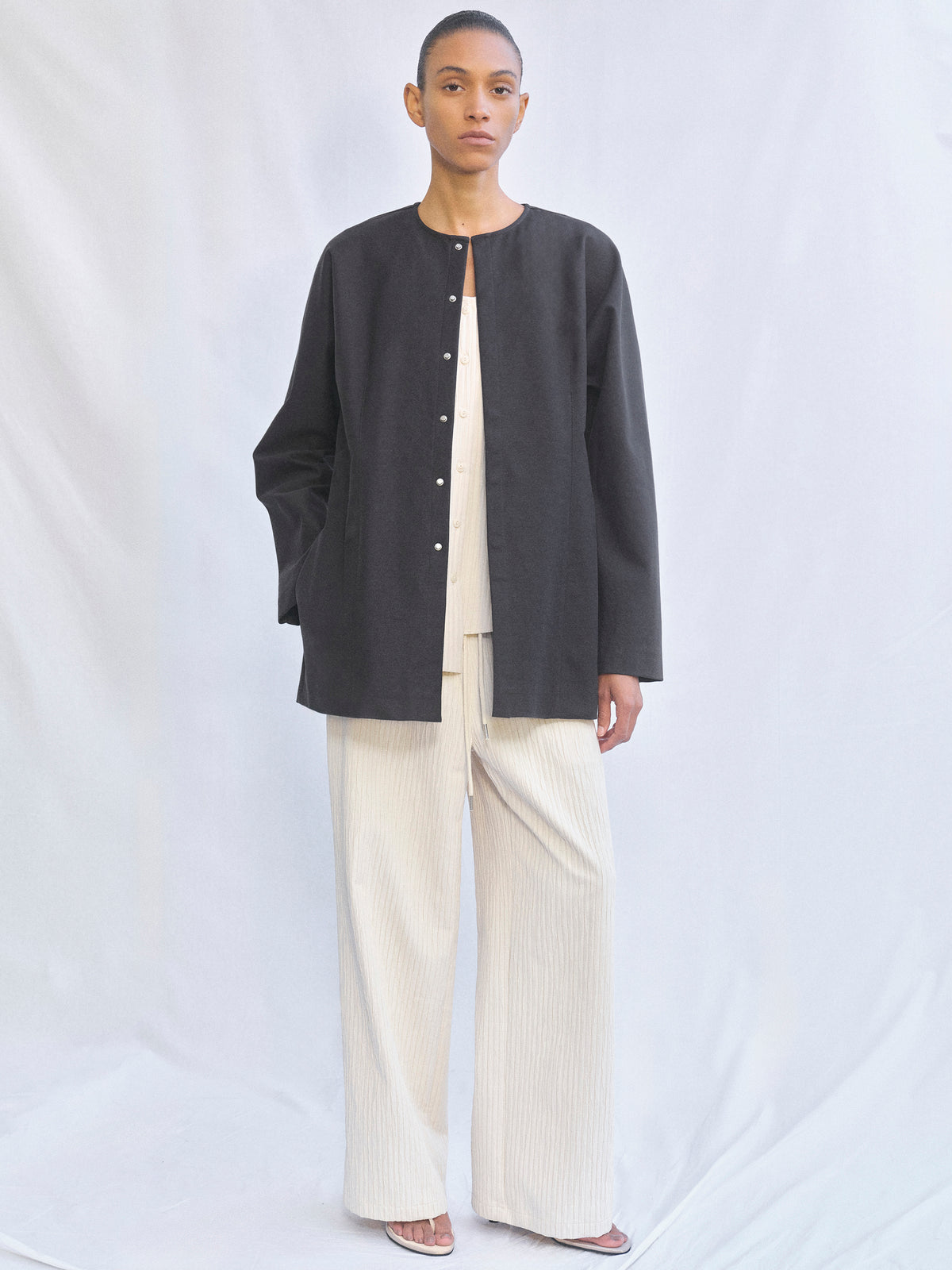 Della Collarless Cinched Jacket, Charcoal