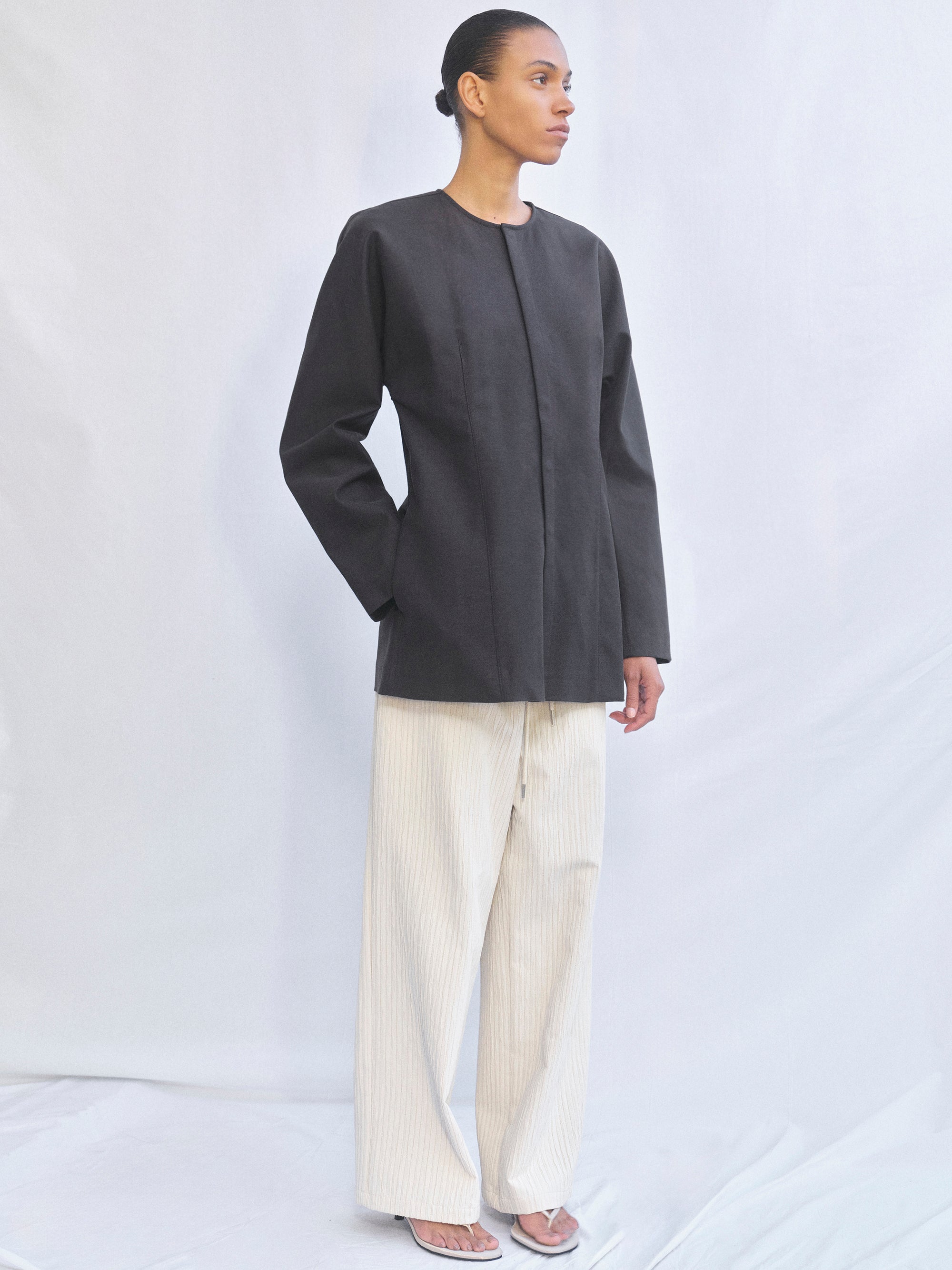 Collarless Cinched Jacket, Charcoal