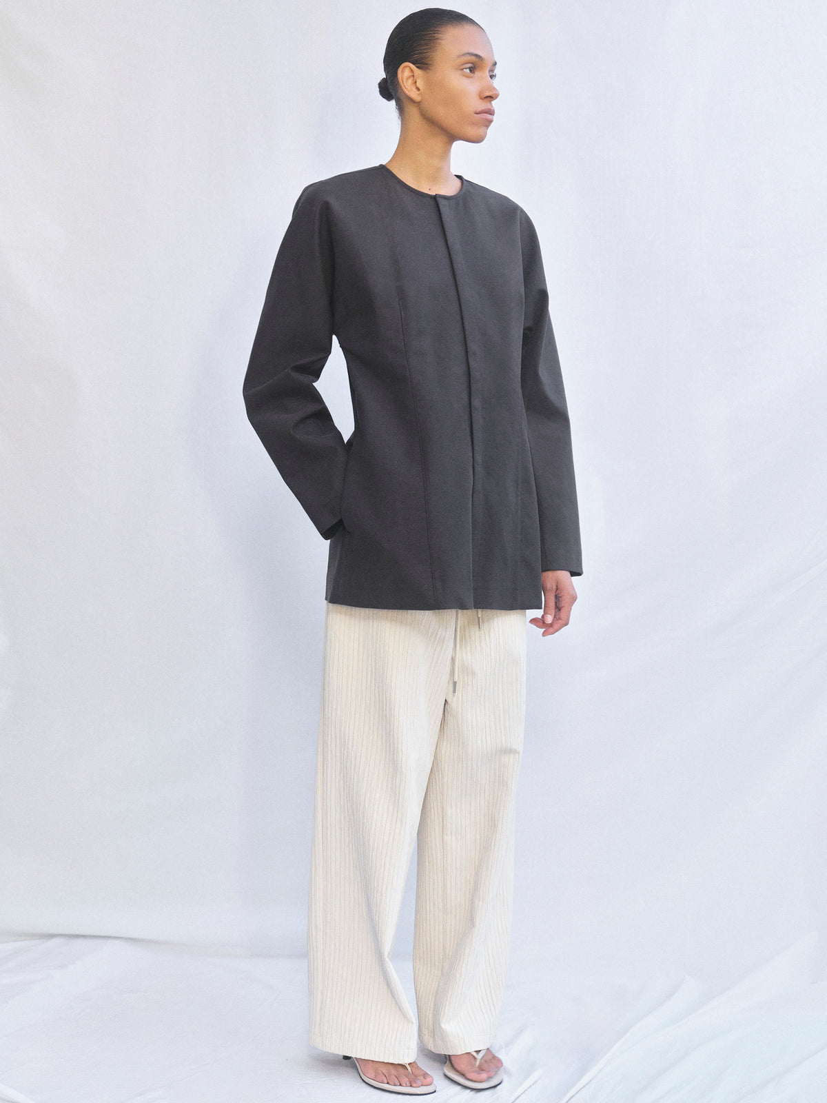 Della Collarless Cinched Jacket, Charcoal