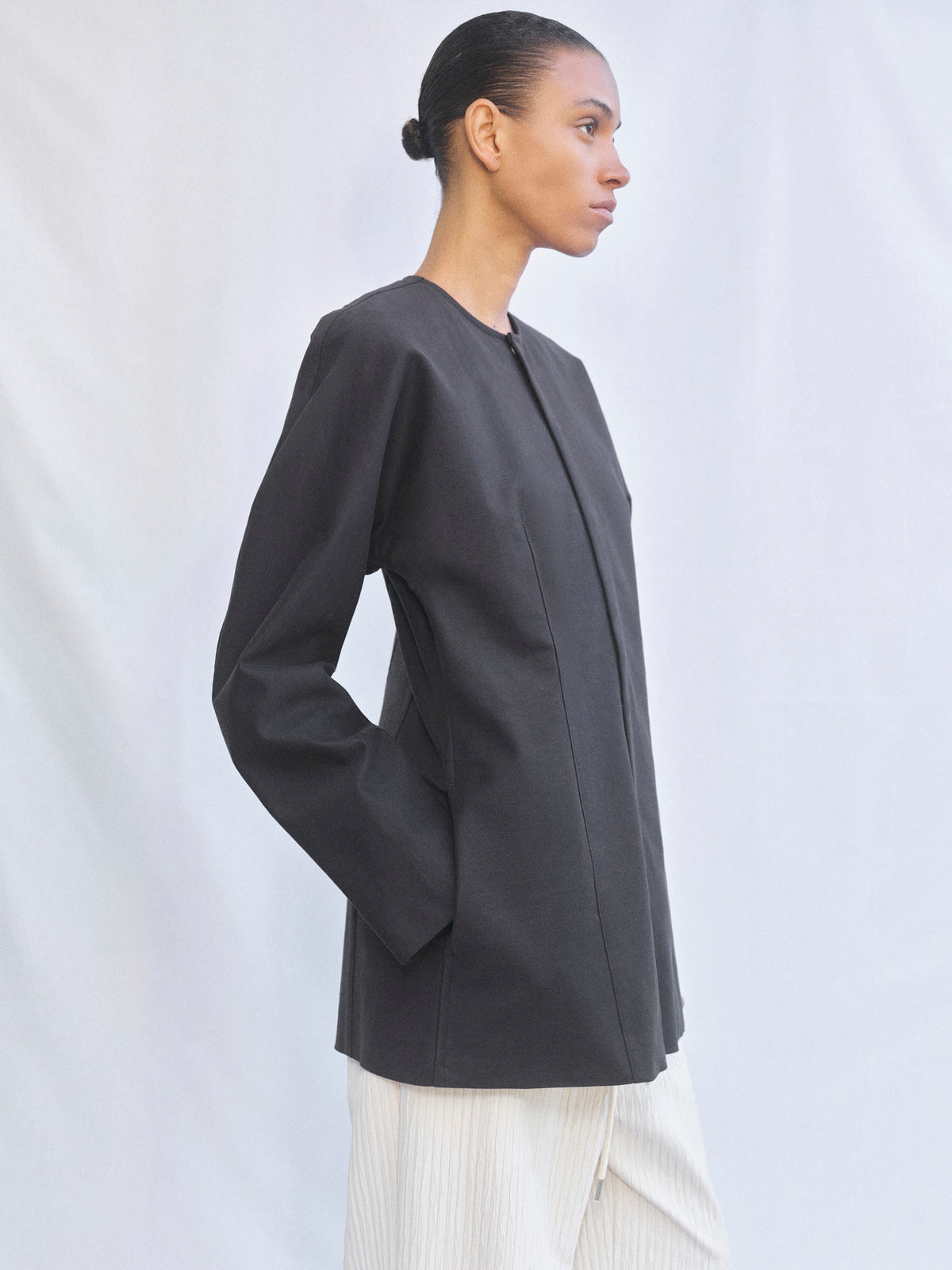 Della Collarless Cinched Jacket, Charcoal