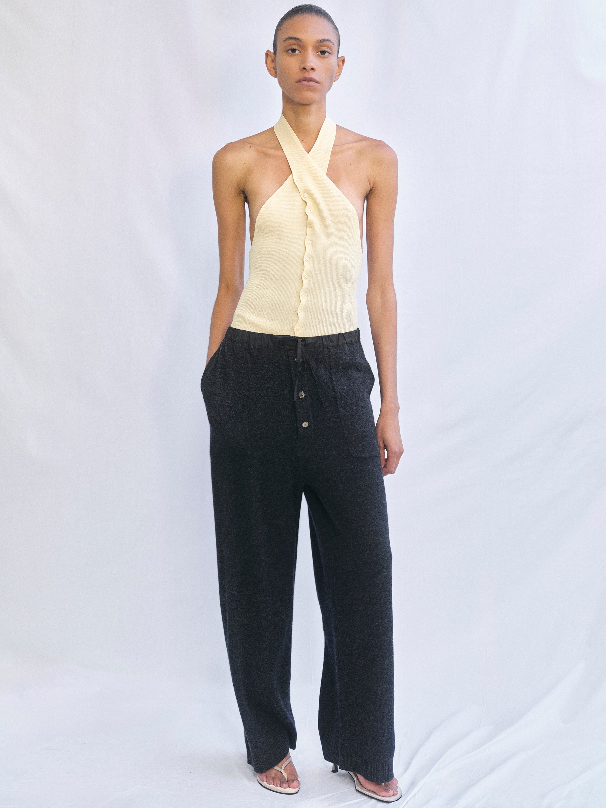 Elastic Waist Wool Pants, Black