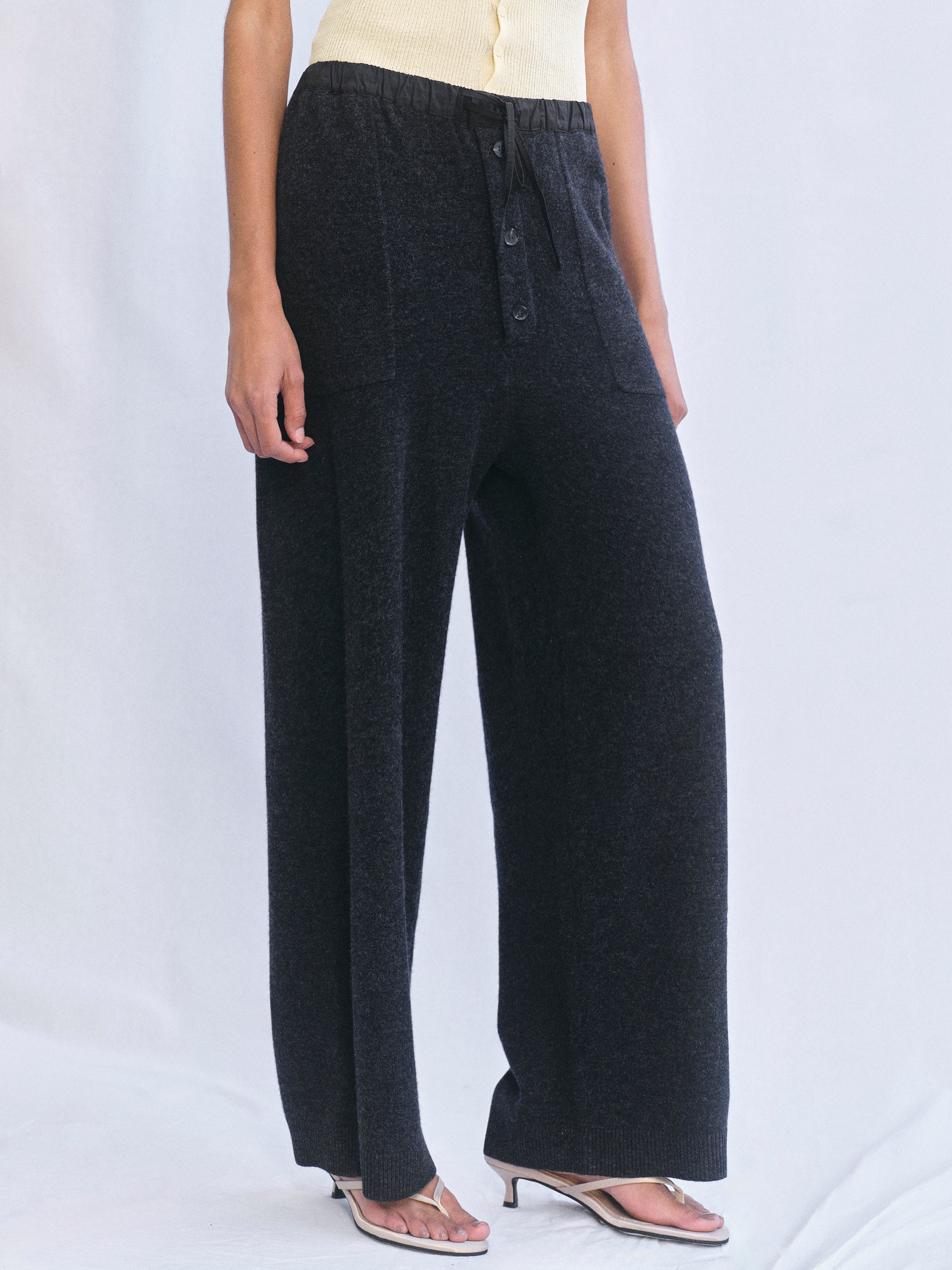 Elastic Waist Wool Pants, Black